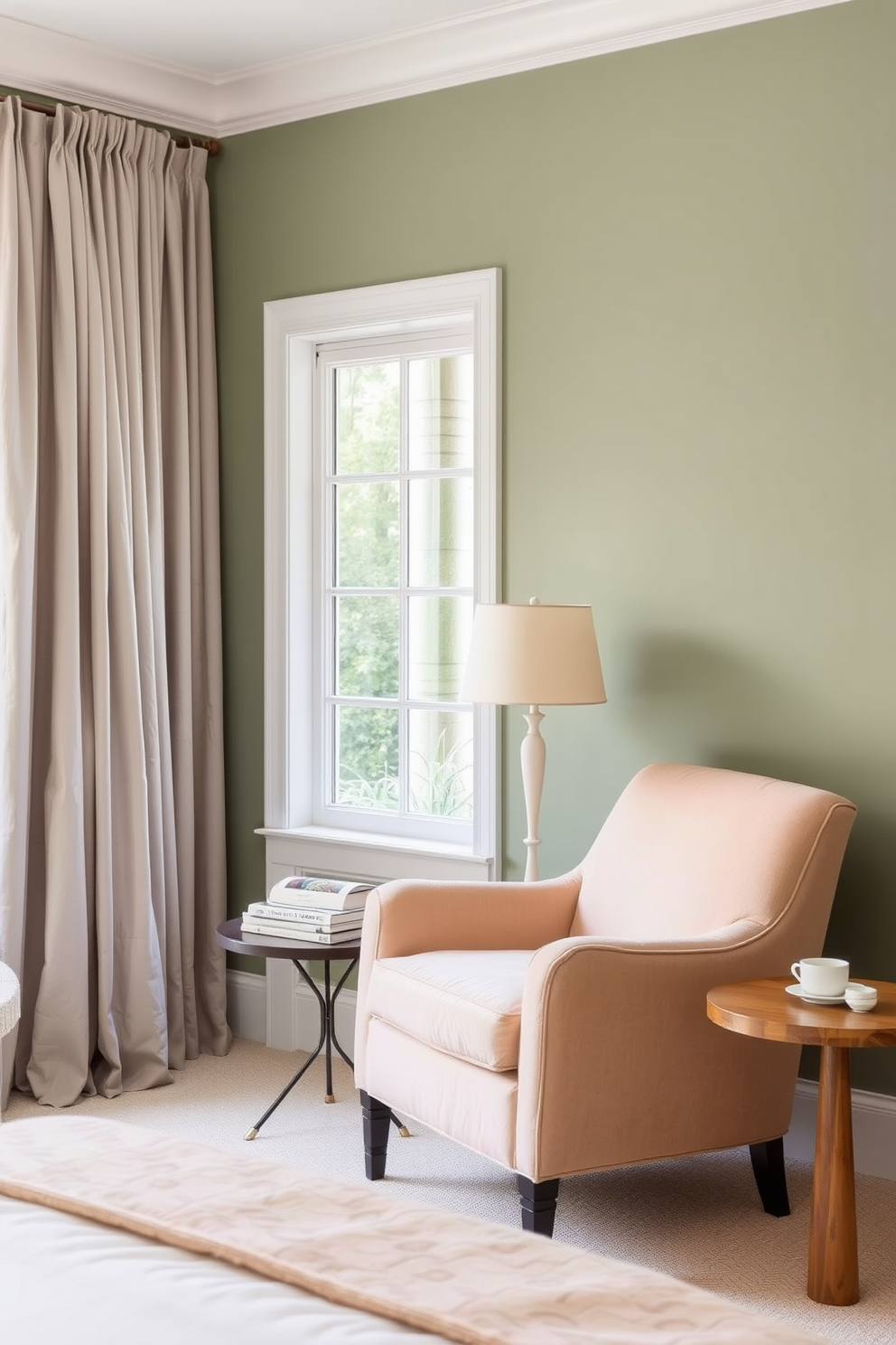 A serene bedroom featuring a muted green accent wall that adds a touch of tranquility. The room is adorned with neutral tones throughout, including a soft beige bedspread and light gray curtains. A cozy reading nook is created with a plush armchair in a warm cream color, positioned near a window. A simple wooden side table holds a stack of books and a delicate lamp, enhancing the calming atmosphere.