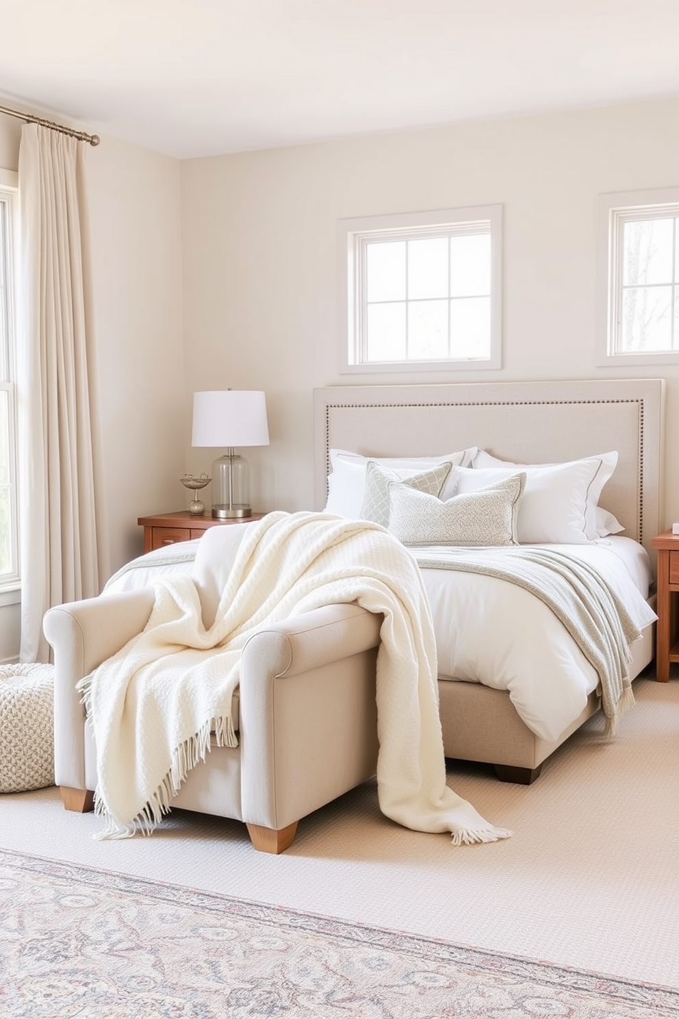 A serene bedroom setting featuring a neutral color palette that combines soft beige and warm gray tones. Accents of lush green are introduced through decorative pillows and a vibrant throw blanket on the bed. The bed is adorned with a plush headboard and layered bedding for added comfort. Natural light filters in through sheer curtains, creating a calm and inviting atmosphere.