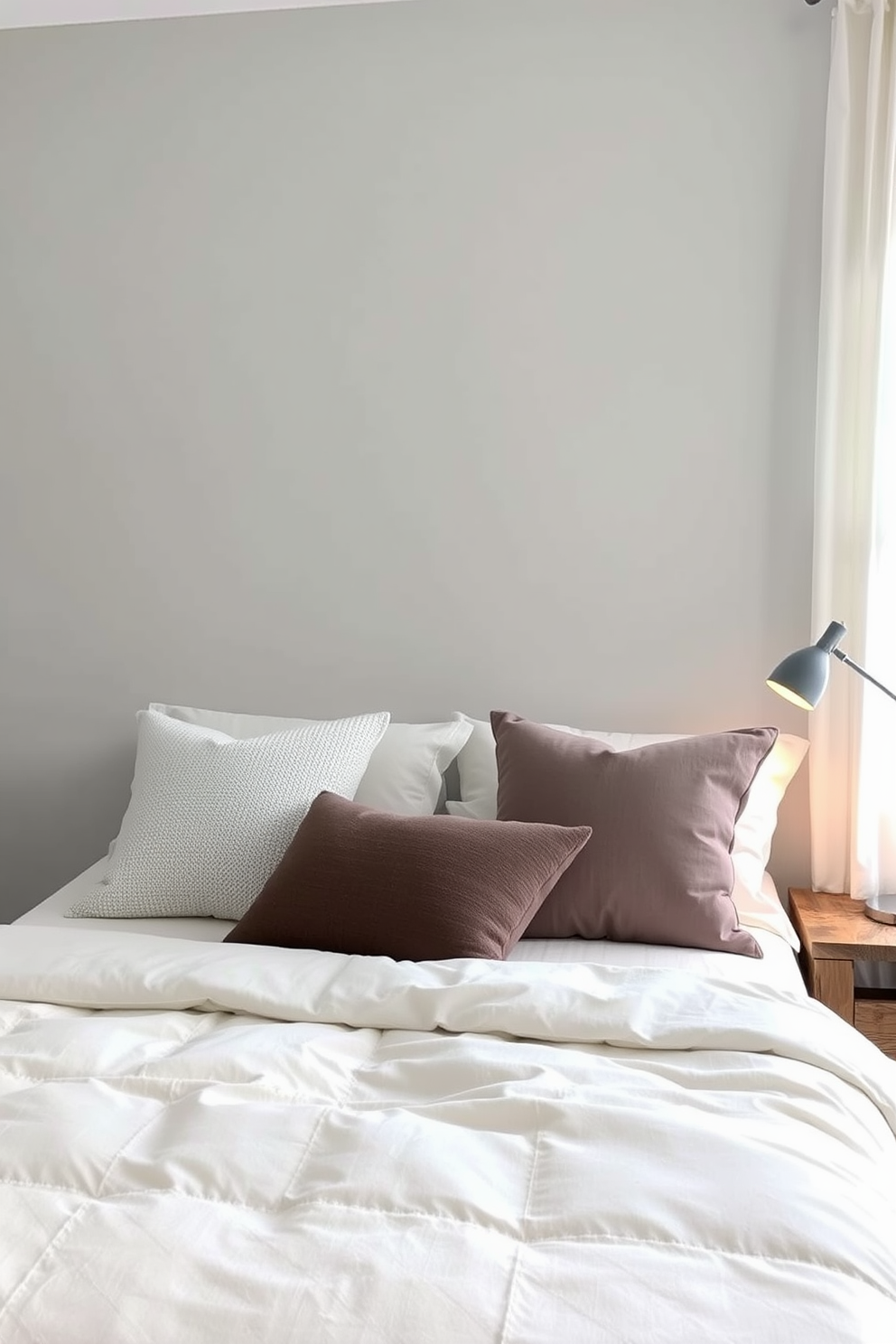 Textured pillows in various shades are artfully arranged on a plush king-sized bed adorned with a soft cream duvet. The walls are painted in a calming light gray, creating a serene backdrop for the cozy atmosphere. A bedside table made of reclaimed wood holds a sleek modern lamp with a warm glow. Soft natural light filters through sheer curtains, enhancing the tranquil feel of this neutral bedroom design.