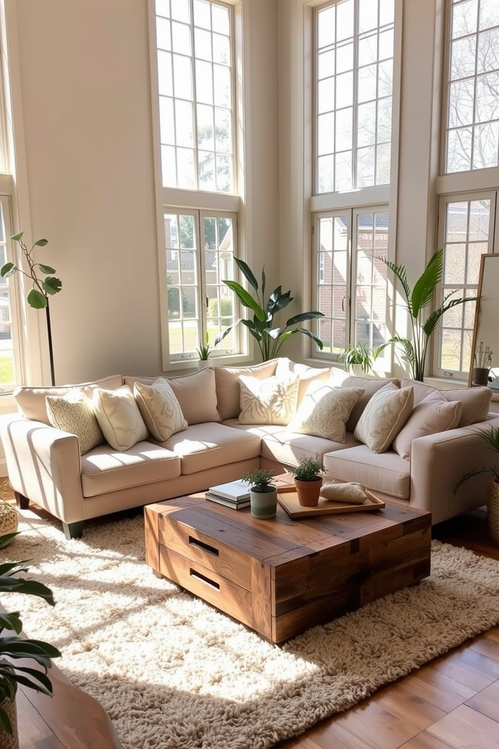 A cozy beige sectional sofa is positioned in the center of the room, adorned with an array of soft throw pillows in various textures and colors. The walls are painted in a warm cream hue, and a plush area rug anchors the seating area, creating an inviting atmosphere. Natural light streams in through large windows, highlighting a stylish coffee table made of reclaimed wood. Potted plants are placed strategically around the room, adding a touch of greenery and life to the neutral living space.