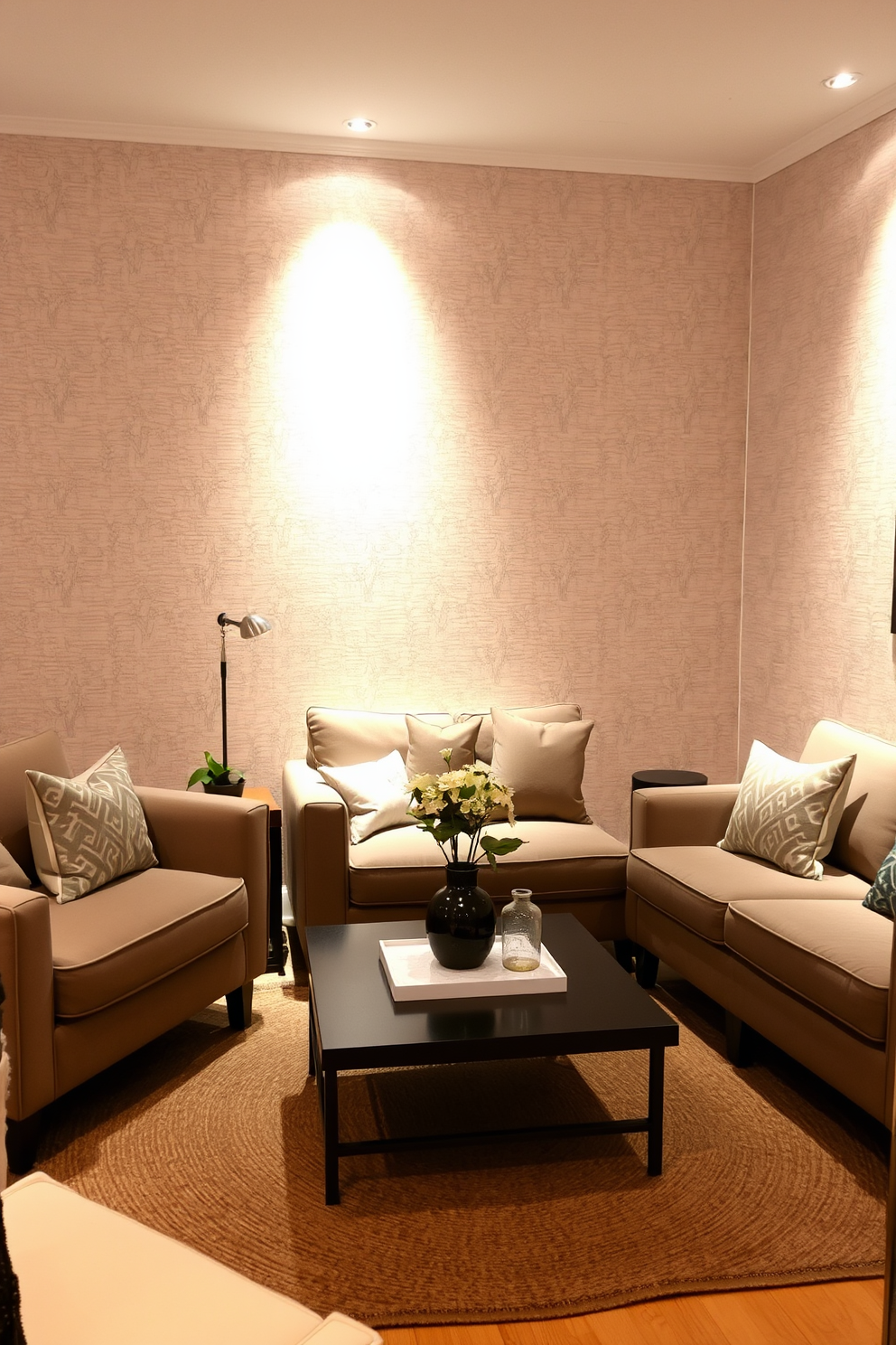 A cozy living room with subtle patterned wallpaper that adds depth to the space. The furniture is arranged for comfort, featuring a plush sofa in neutral tones and a stylish coffee table in the center. Soft lighting illuminates the room, creating a warm and inviting atmosphere. Decorative accents like throw pillows and a textured area rug enhance the overall design.