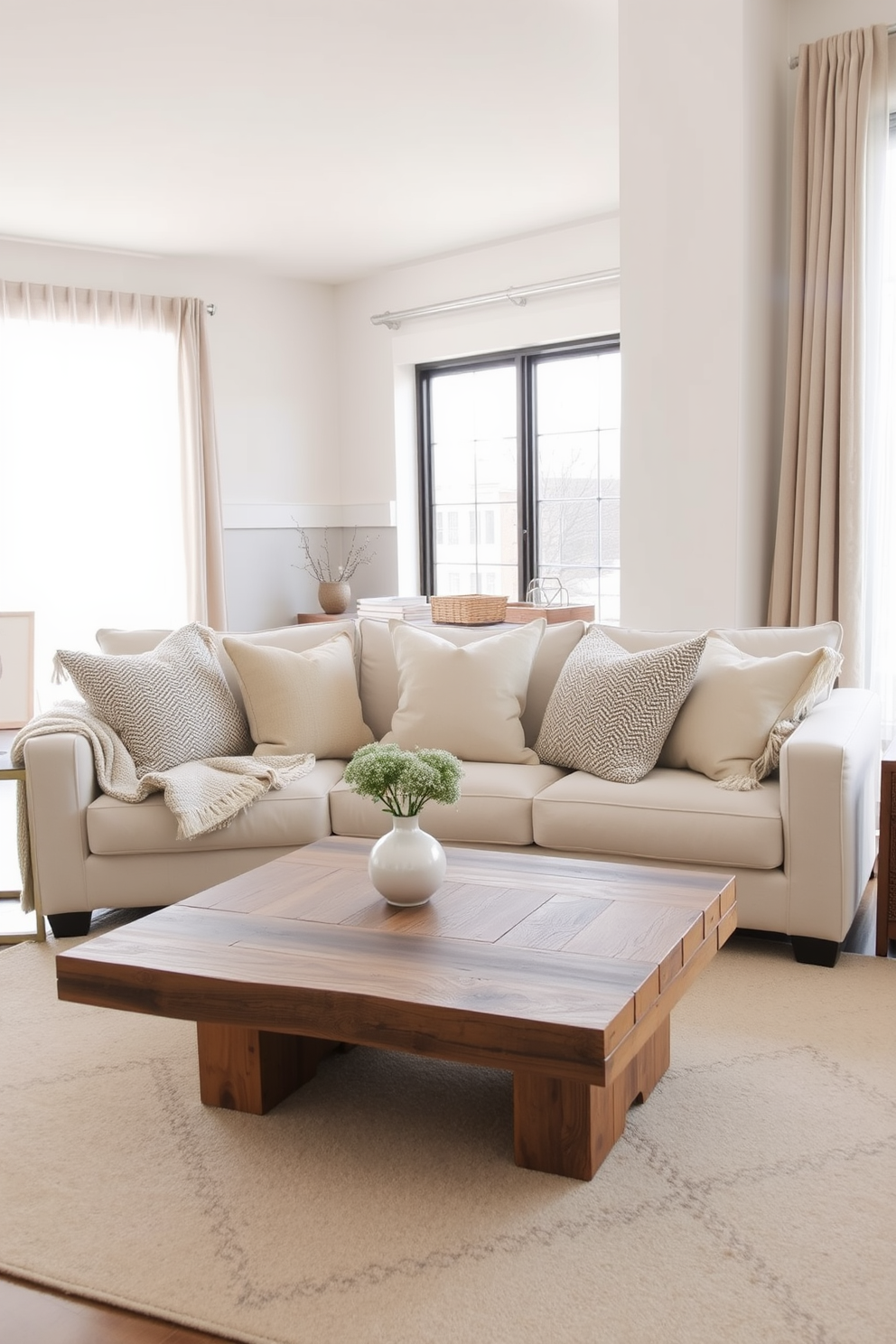 Textured cushions in varying shades of beige are arranged on a plush, cream-colored sofa. The coffee table in front of the sofa is made of reclaimed wood, adding warmth and character to the neutral living room. A soft area rug in a light, muted tone anchors the seating area, enhancing the cozy atmosphere. Floor-to-ceiling windows allow natural light to flood the space, highlighting the subtle textures and layers throughout the room.