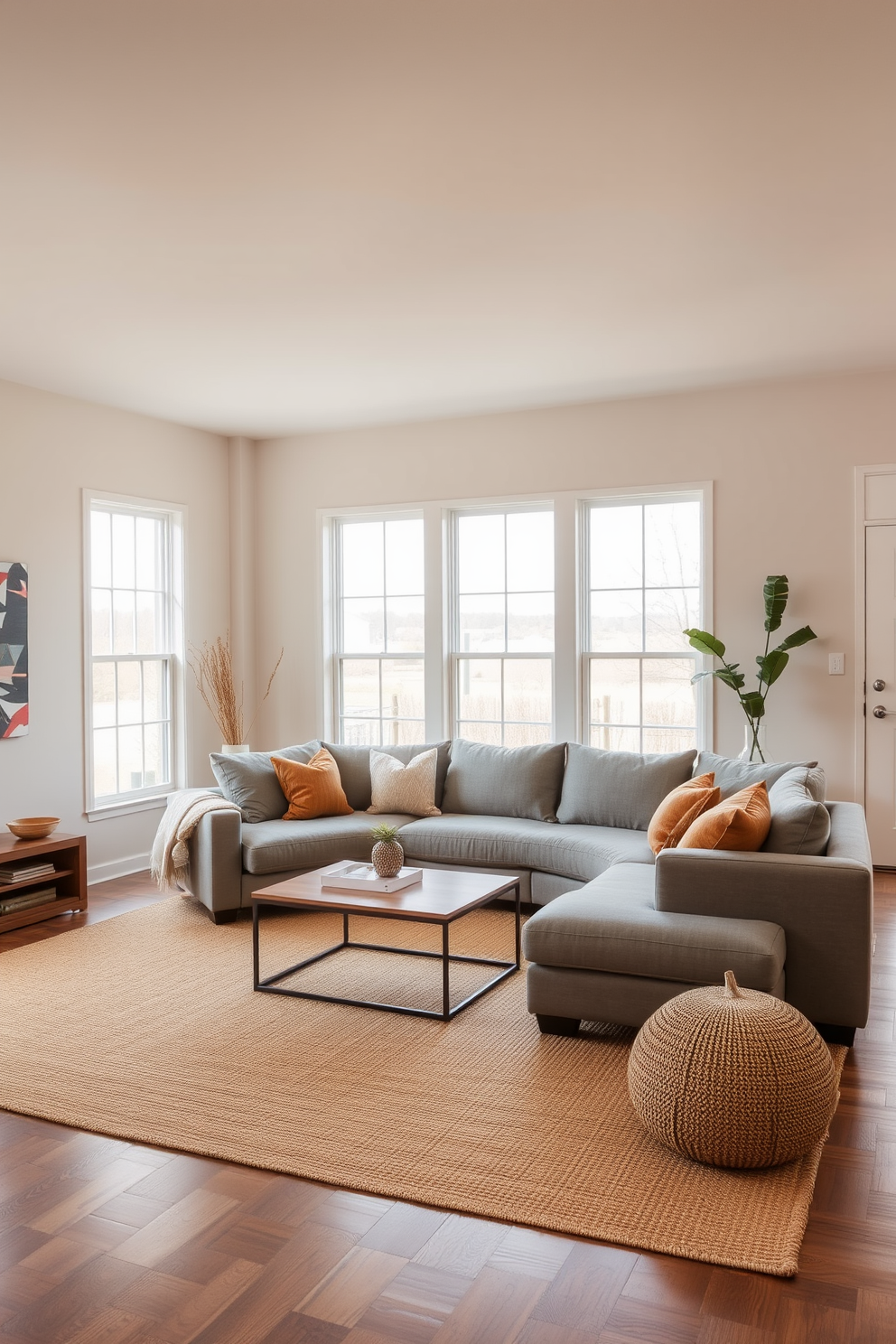 A neutral living room design featuring a soft jute rug that adds a natural touch to the space. The walls are painted in a light beige color, and large windows allow ample natural light to fill the room. A comfortable sectional sofa in a muted gray tone is positioned around a sleek wooden coffee table. Decorative throw pillows in earthy tones are arranged on the sofa, creating a cozy and inviting atmosphere.