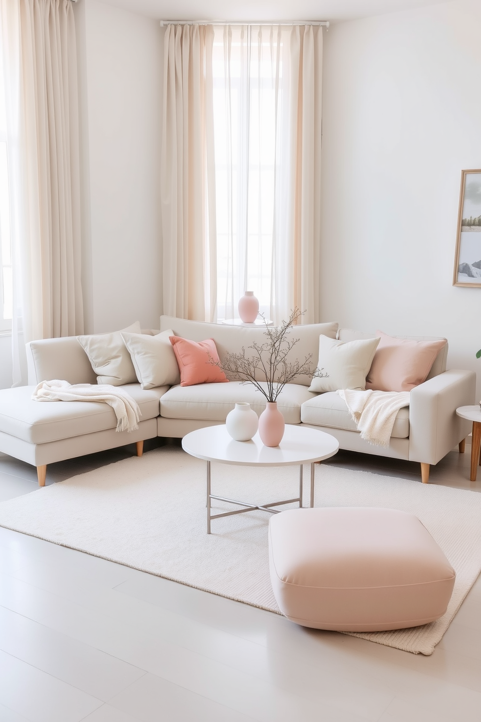 A neutral living room featuring soft pastel accents in decorative pieces. The space includes a light beige sofa adorned with pastel cushions and a soft area rug with subtle patterns. Natural light filters through sheer curtains, enhancing the airy feel of the room. A minimalist coffee table sits in the center, complemented by pastel-colored vases and art pieces on the walls.