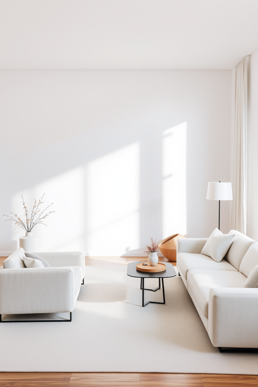 A serene living room featuring minimalist furniture with clean lines and geometric shapes. The color palette is neutral, incorporating soft whites, beiges, and light grays to create a calming atmosphere.