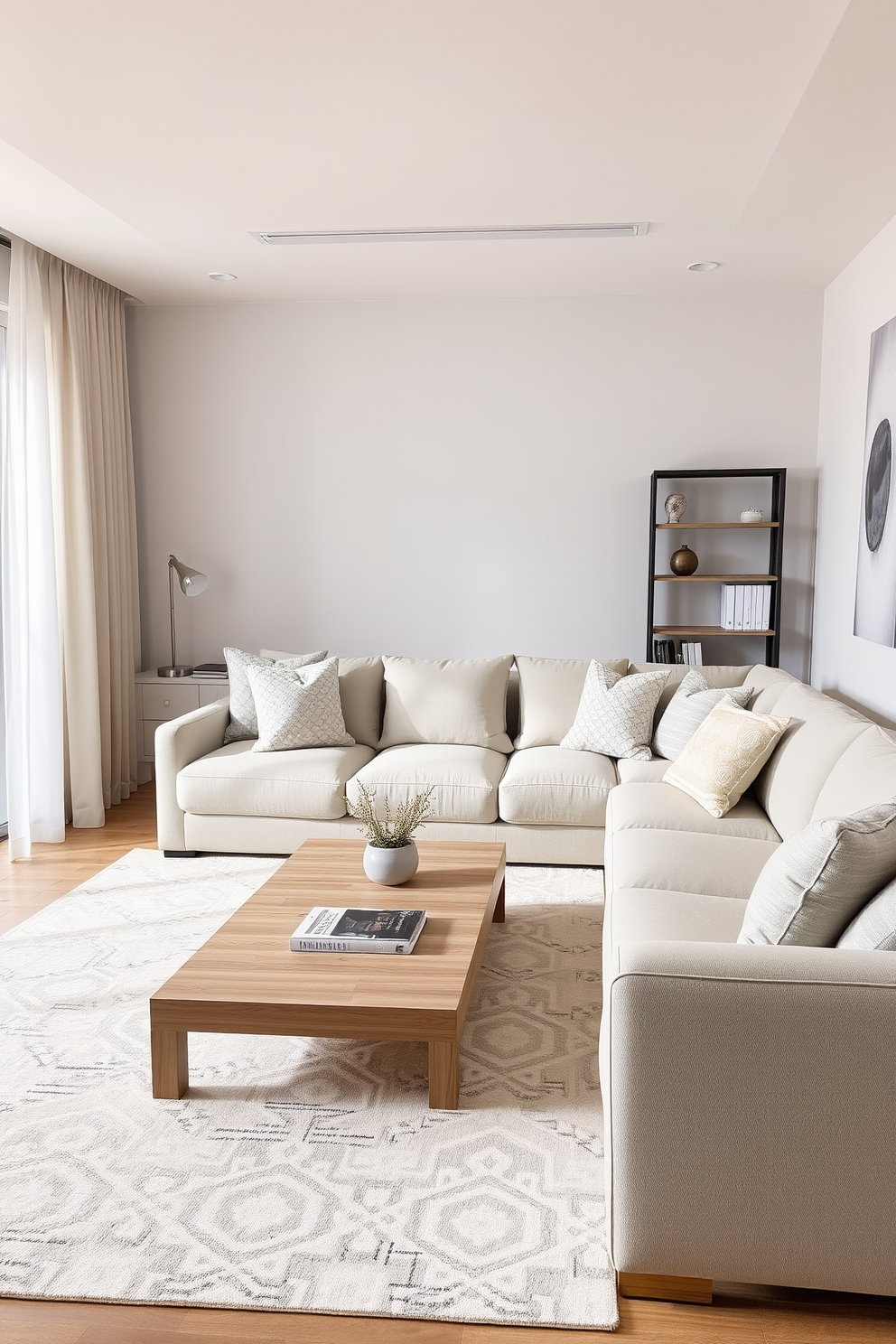 A neutral living room designed with a monochromatic color scheme showcases a harmonious blend of soft beige and warm gray tones. The space features a plush sectional sofa adorned with textured throw pillows, complemented by a sleek coffee table made of natural wood. A large area rug with a subtle pattern anchors the seating arrangement, while floor-to-ceiling curtains in a light fabric allow natural light to filter in gently. Decorative elements such as a minimalist bookshelf and a statement art piece add depth and interest to the overall design.