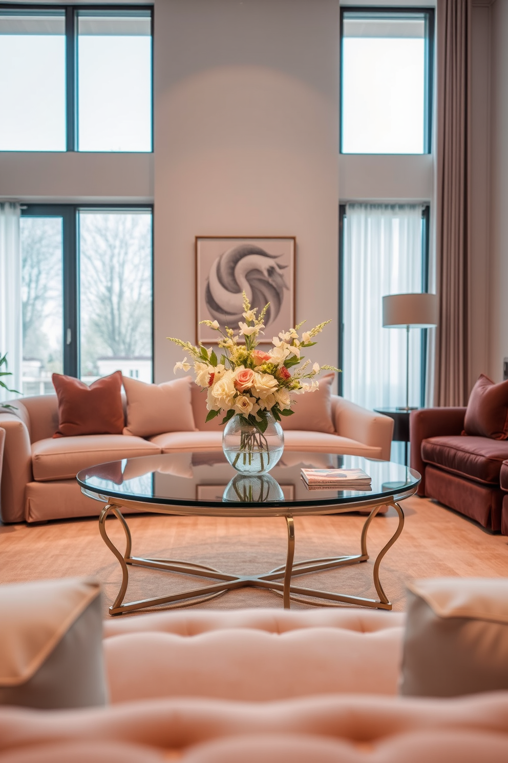 Elegant glass coffee table with a beautiful floral arrangement sits at the center of the room. Surrounding the table are plush sofas in soft neutral tones, creating a welcoming atmosphere. The walls are adorned with subtle artwork that complements the overall aesthetic. Natural light pours in through large windows, enhancing the serene ambiance of the space.