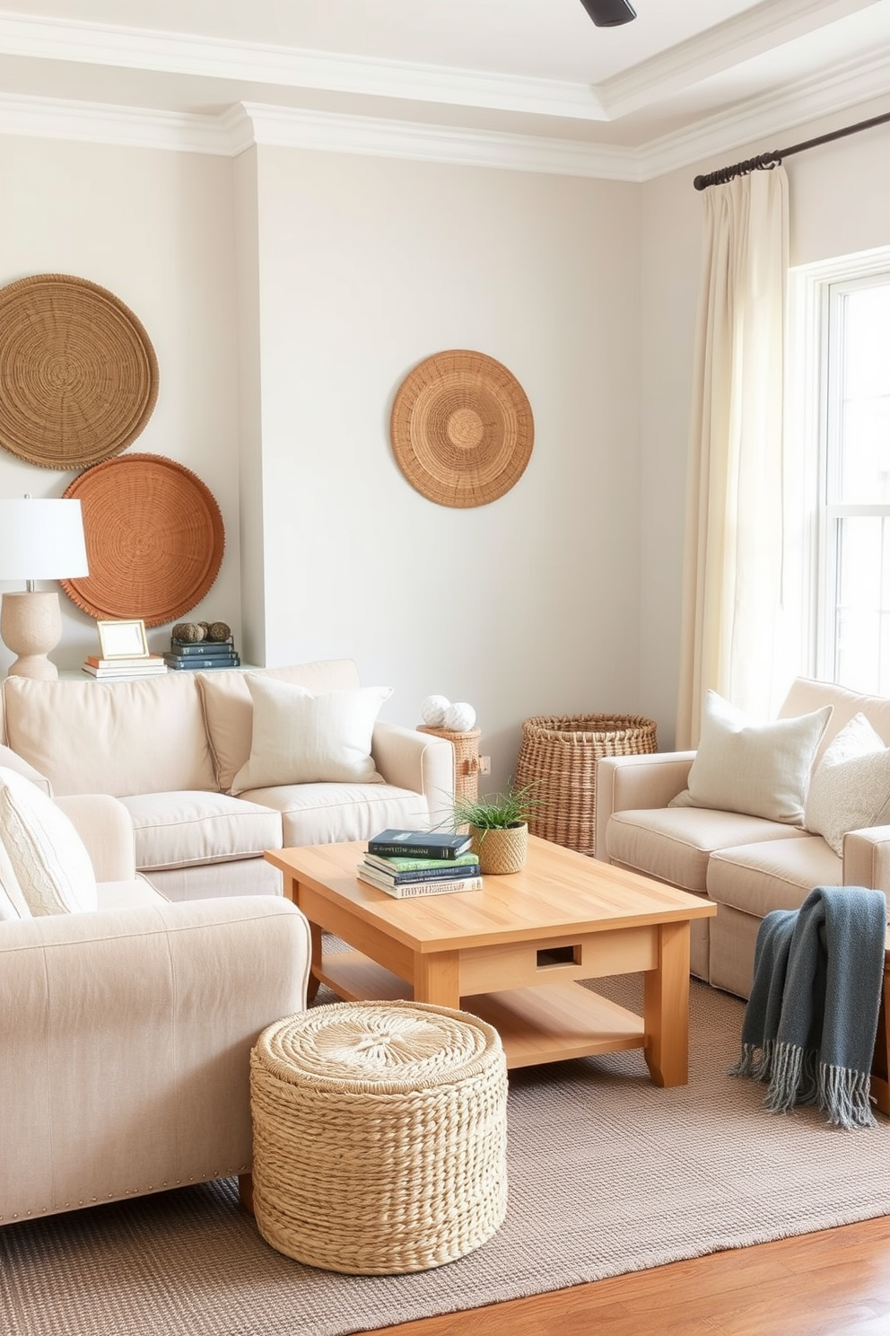 A cozy living room featuring natural fiber baskets for stylish storage. The baskets are strategically placed around the room, adding texture and warmth to the neutral color palette. The seating area includes a plush beige sofa and a pair of soft armchairs. A light wooden coffee table sits in the center, adorned with a few decorative books and a small plant.