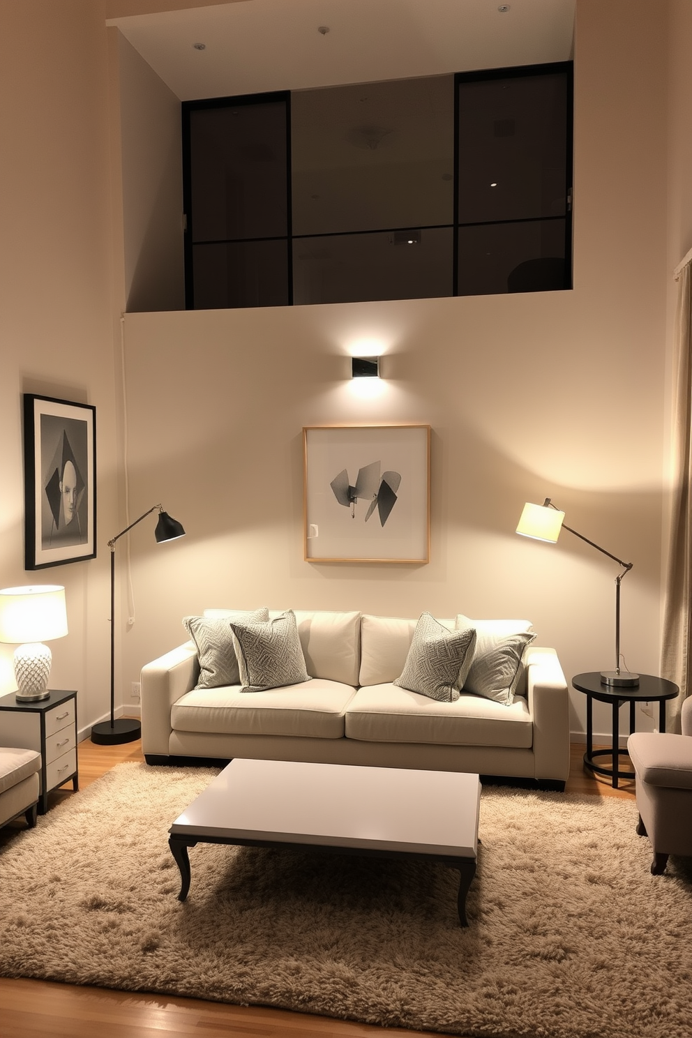 Layered lighting creates a warm and inviting atmosphere in a neutral living room. The space features a combination of floor lamps and table lamps that illuminate different areas, enhancing the overall ambiance. The walls are painted in soft beige, complemented by a plush cream sofa adorned with textured throw pillows. A sleek coffee table sits in the center, surrounded by a cozy area rug that adds depth and warmth to the design.