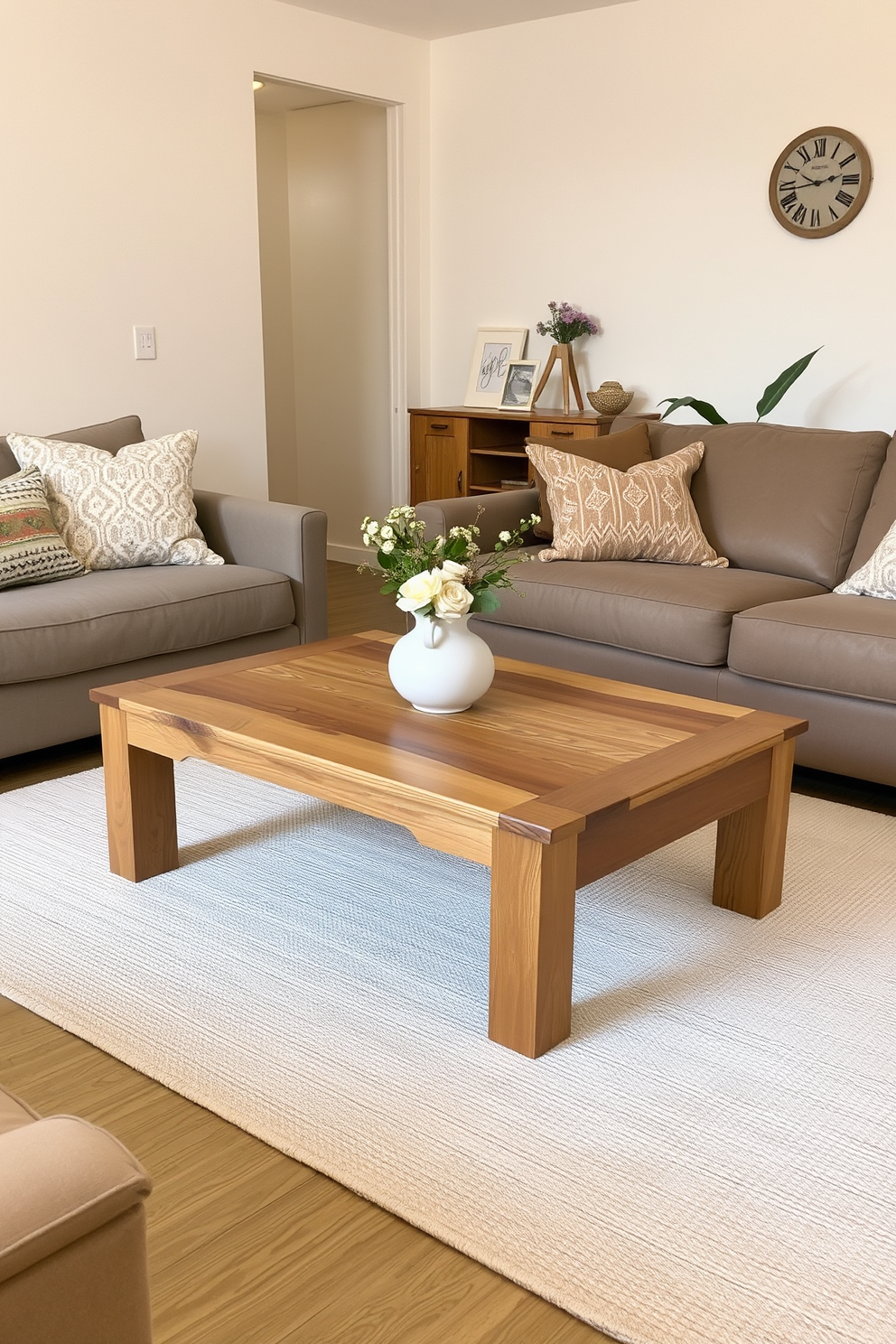 A natural wood coffee table sits at the center of a cozy living room adorned with a light rug. The space features soft neutral tones on the walls and furniture, complemented by plush cushions and a warm ambiance.