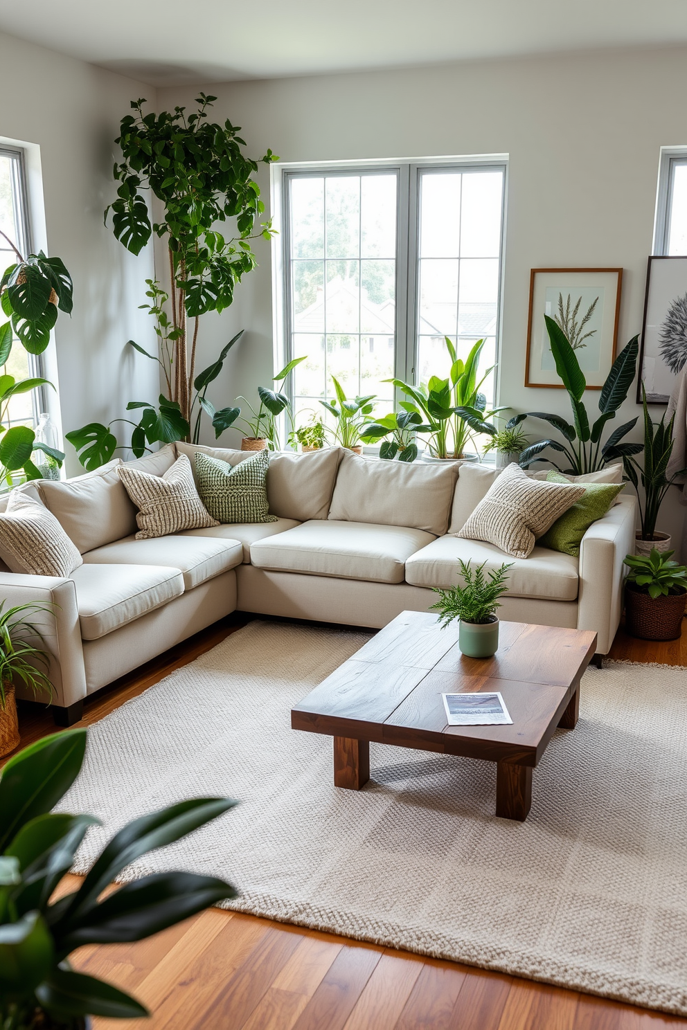 A serene living room filled with muted green plants creates a fresh and inviting atmosphere. The space features a comfortable sectional sofa in soft beige, complemented by textured throw pillows in varying shades of green. Natural light floods the room through large windows, highlighting a minimalist coffee table made of reclaimed wood. A cozy area rug in neutral tones anchors the seating area, while art pieces with botanical themes adorn the walls.