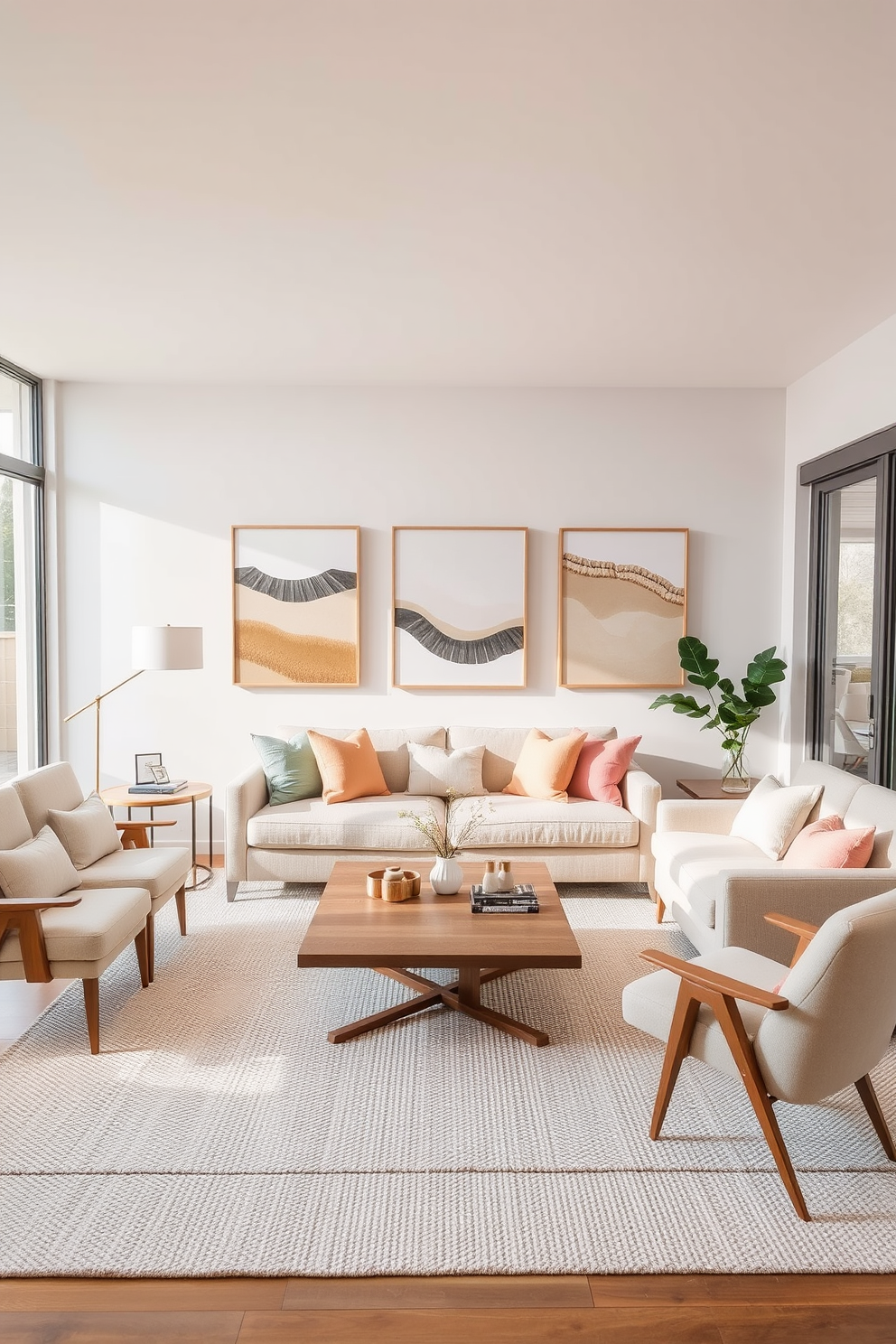 Artistic wall hangings in soft tones adorn the walls of a serene living room. The space features a comfortable sofa in a light beige fabric, complemented by pastel-colored throw pillows and a soft area rug. Neutral living room design ideas include a minimalist coffee table made of natural wood, surrounded by stylish accent chairs. Large windows allow natural light to flood the space, enhancing the calming atmosphere.