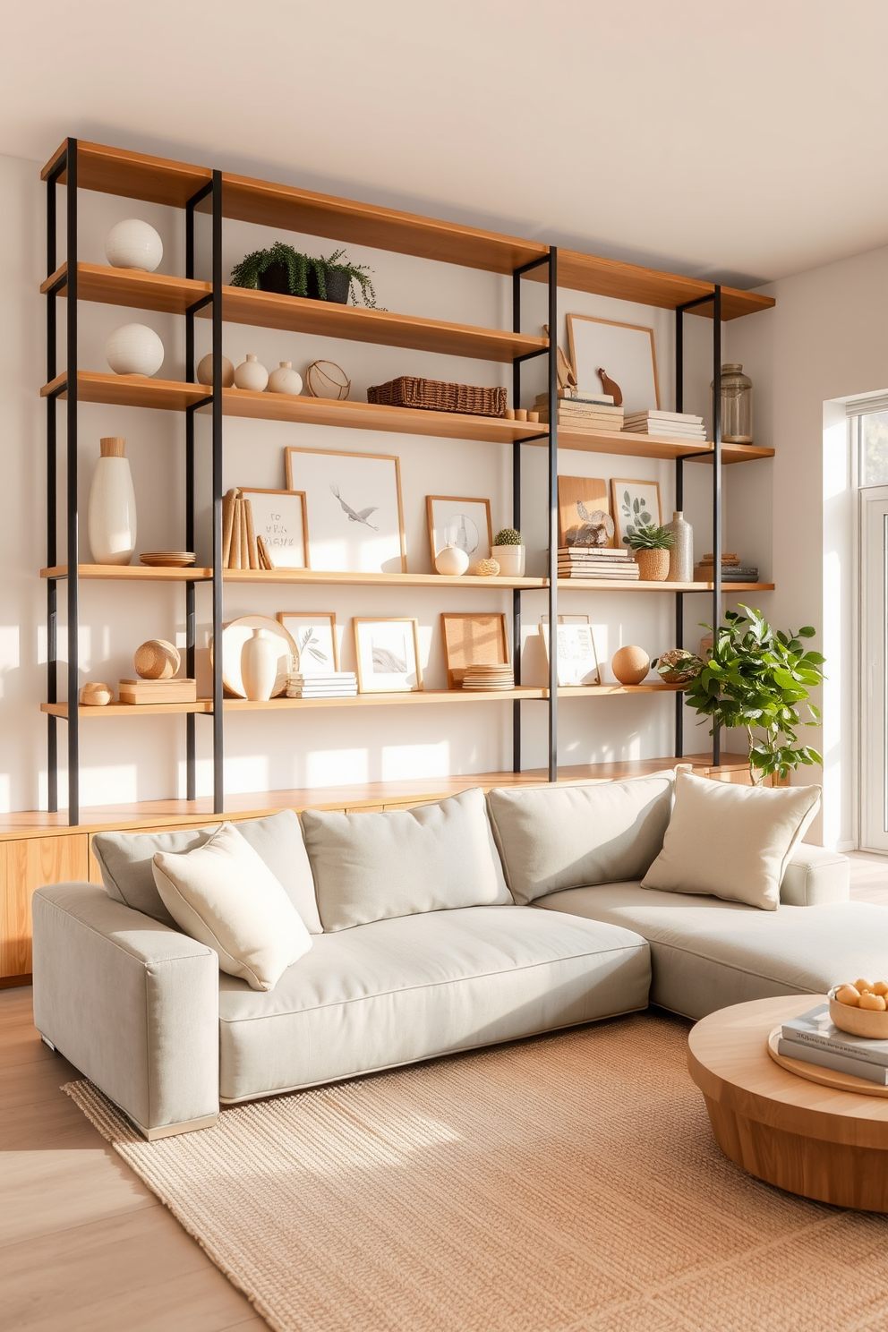 Open shelving adorned with curated neutral decor creates a serene and inviting atmosphere. Soft beige and cream tones dominate the space, complemented by natural wood accents and subtle greenery. The living room features a plush sectional sofa in a light gray fabric, paired with a textured area rug that adds warmth. Large windows allow for ample natural light, enhancing the calm and airy feel of the room.