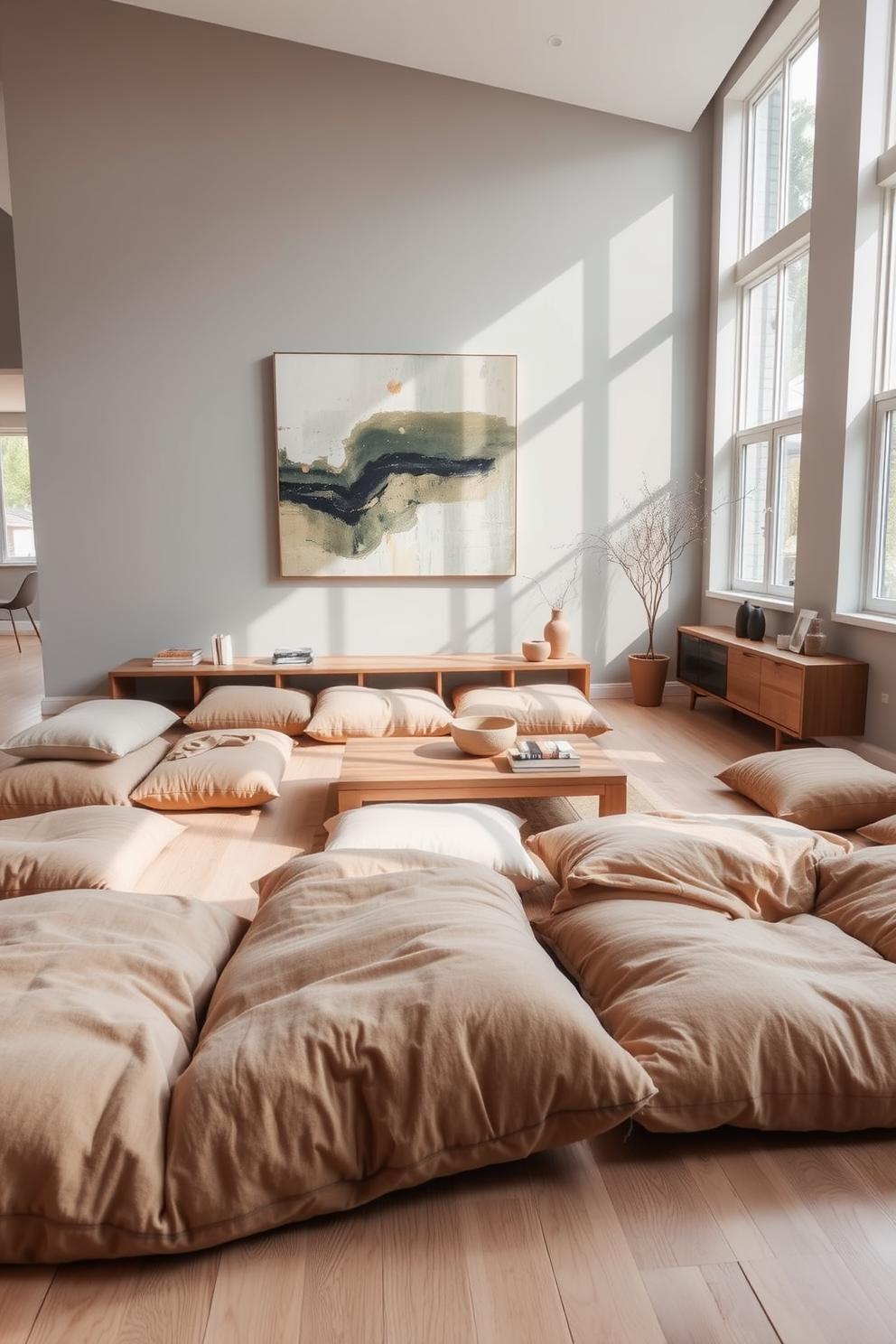 Oversized floor cushions in soft beige and muted earth tones are scattered across a light hardwood floor, providing a cozy and inviting atmosphere. A low wooden coffee table sits in the center, adorned with a few art books and a decorative bowl. The walls are painted in a soft gray, complemented by a large abstract painting that adds a pop of color. Natural light streams in through large windows, illuminating the space and enhancing the relaxed vibe of the living room.