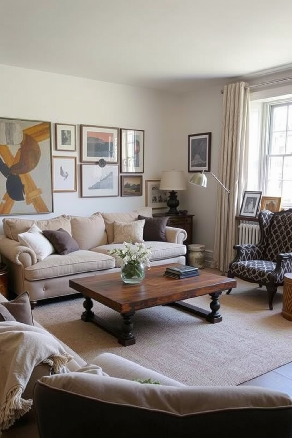 A neutral living room featuring a blend of vintage finds and modern elements. The space includes a plush beige sofa paired with an antique wooden coffee table, surrounded by contemporary art pieces on the walls. A vintage armchair with a bold pattern sits in the corner next to a sleek floor lamp. Soft, layered textiles in muted tones add warmth, while a large window allows natural light to flood the room.