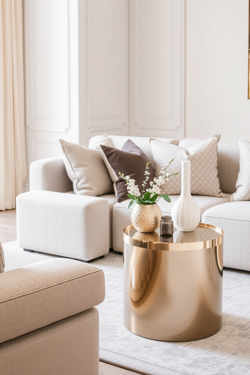 Chic side tables with metallic finishes. The tables feature sleek lines and a reflective surface that adds a touch of elegance to the space. Neutral living room design ideas. The room showcases a harmonious blend of soft beige and gray tones, complemented by plush textiles and natural light.