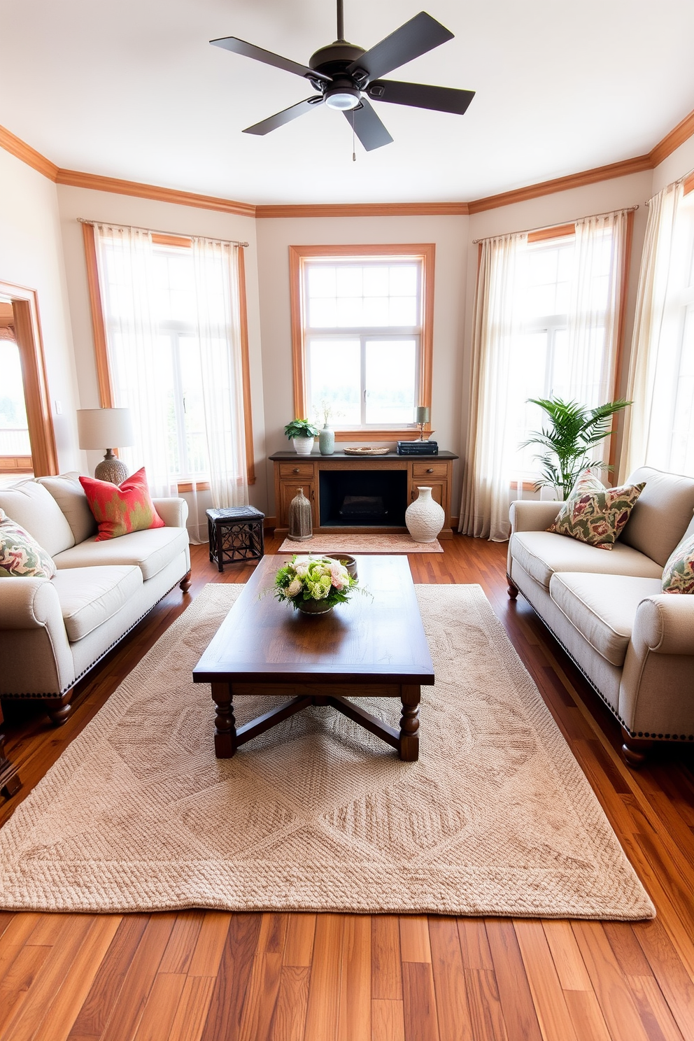 A cozy living room featuring warm wood tones with a large wooden coffee table at the center. Surrounding the table are plush sofas upholstered in soft, neutral fabrics, accented with colorful throw pillows. The walls are adorned with light beige paint, creating a serene backdrop for the space. A large area rug in soft textures anchors the seating area, while natural light floods in through expansive windows dressed with sheer curtains.