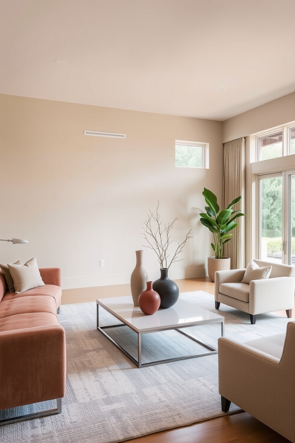 Sculptural vases in muted colors are strategically placed on a sleek coffee table, adding an artistic touch to the space. The walls are painted in soft beige, complementing the warm tones of the plush sofa and inviting armchairs. Neutral living room design ideas feature a harmonious blend of textures and materials. A light gray area rug anchors the seating arrangement, while large windows allow natural light to fill the room, enhancing the serene atmosphere.