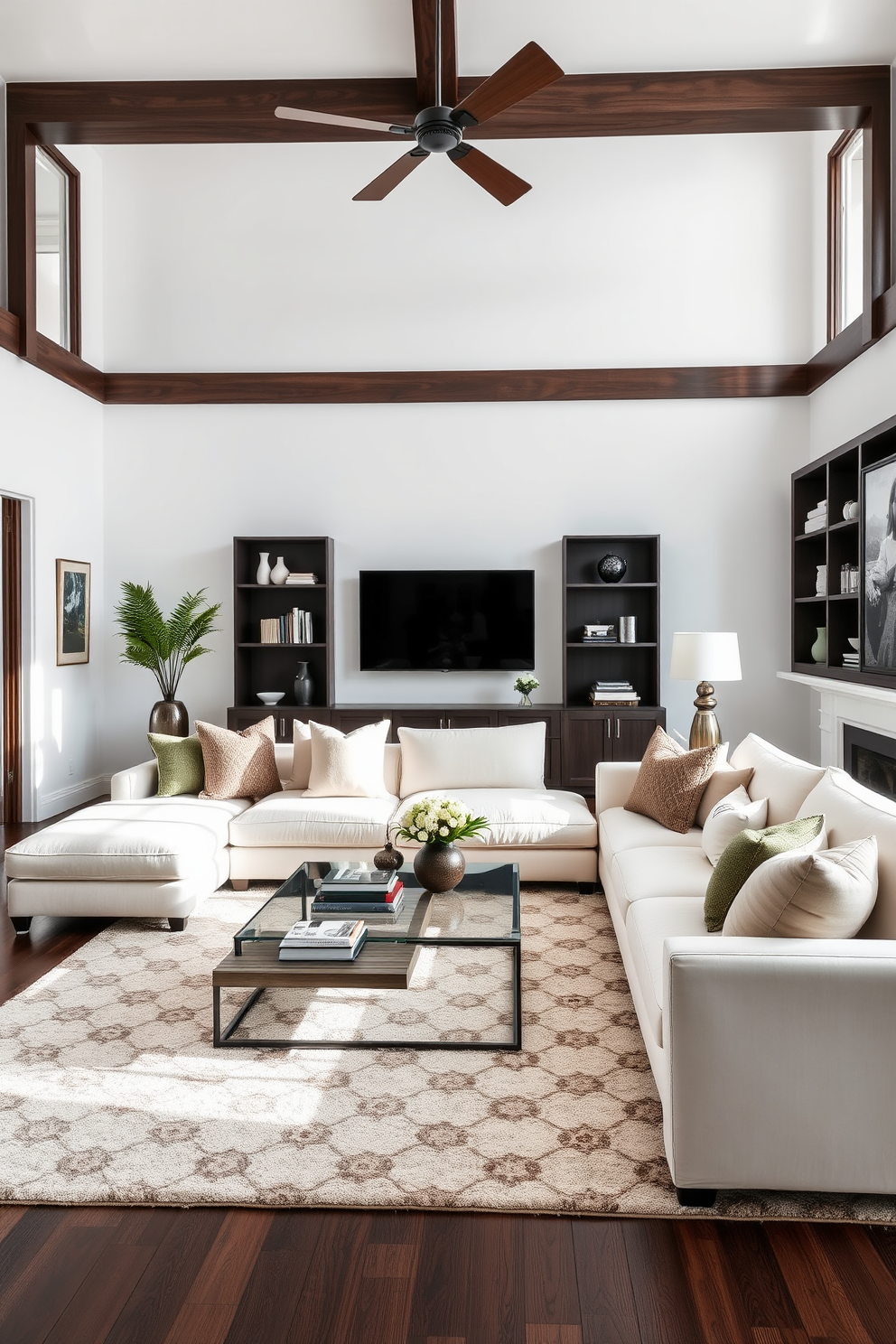 A serene living room featuring white walls that create a bright and airy atmosphere. Dark wood accents are incorporated through furniture pieces such as a stylish coffee table and elegant shelving units. The space includes a plush sectional sofa adorned with soft throw pillows in neutral tones. A large area rug anchors the seating arrangement, adding warmth and texture to the room.