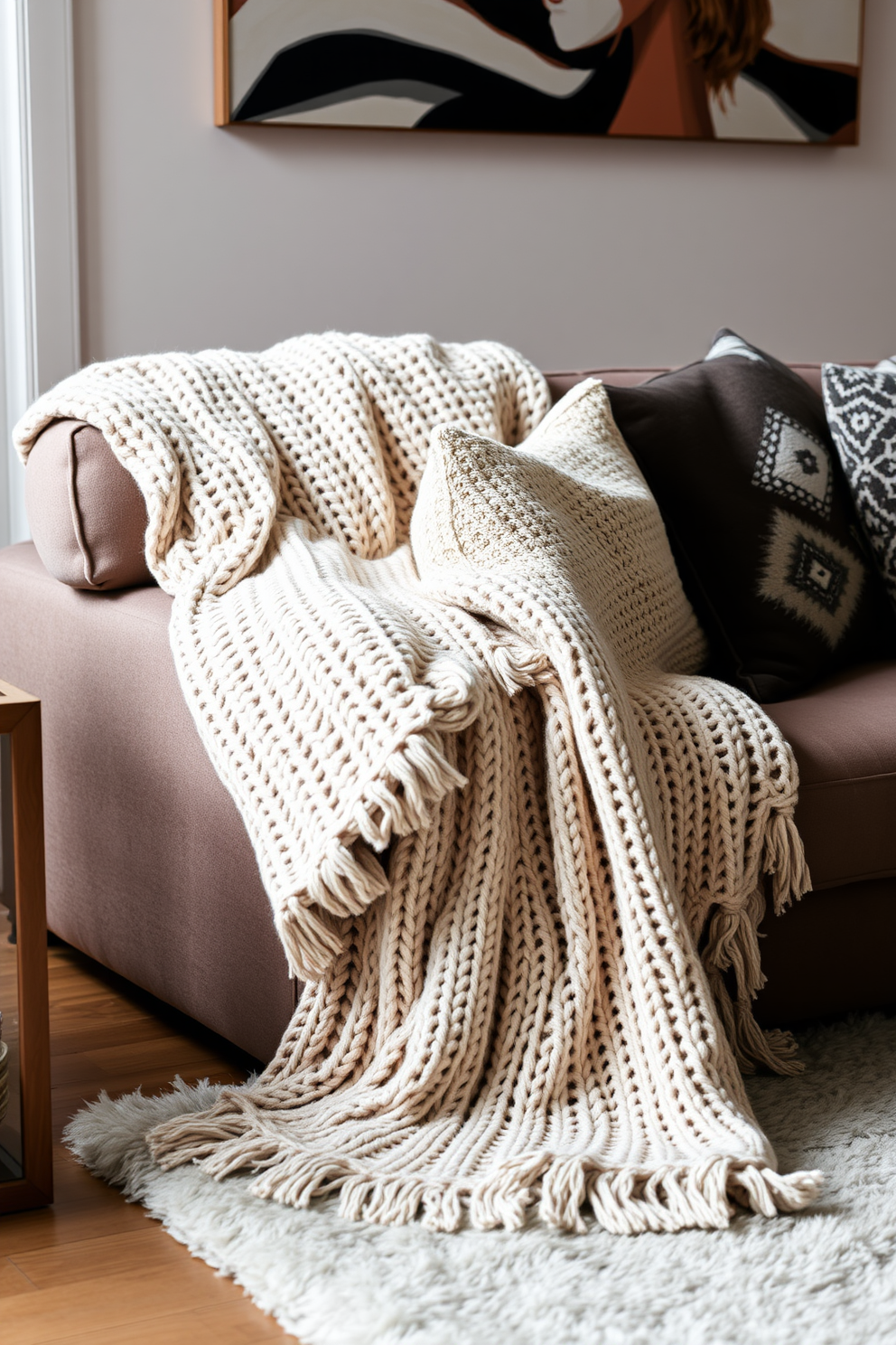 A serene living room with layered textures featuring a cozy knitted throw draped over a plush sofa. Decorative pillows in various patterns and colors are arranged artfully, inviting comfort and warmth.