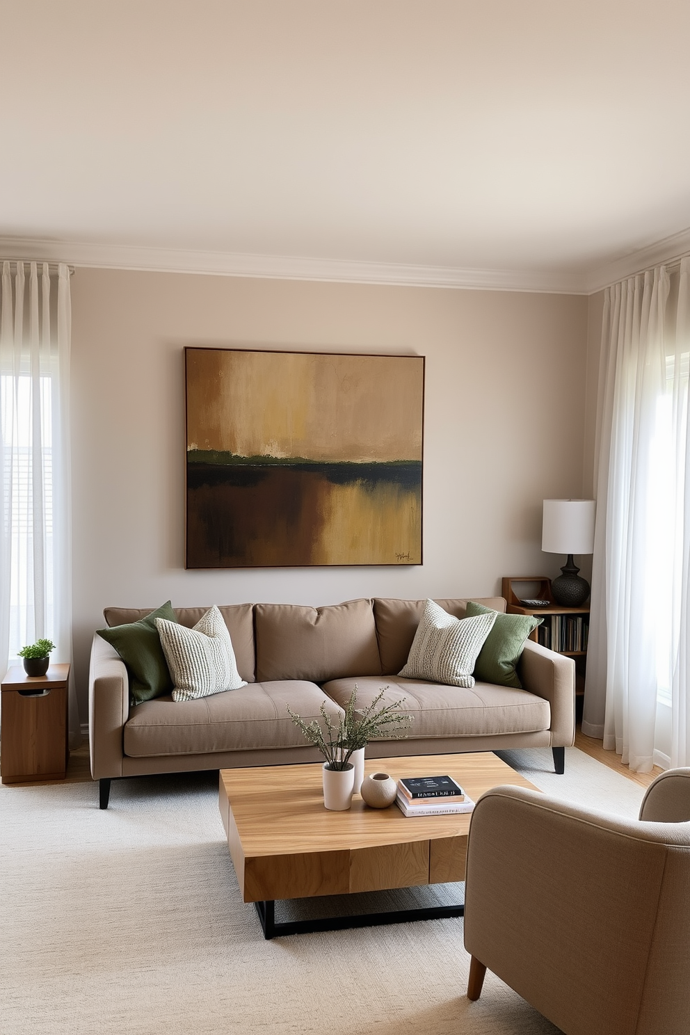 A serene living room featuring muted earth tones in the artwork and decor creates a calming atmosphere. The walls are painted in a soft beige, complemented by a plush taupe sofa adorned with textured throw pillows. A large abstract painting in warm browns and greens hangs above a minimalist wooden coffee table. Natural light filters in through sheer curtains, illuminating a cozy reading nook with a comfortable armchair and a small bookshelf.