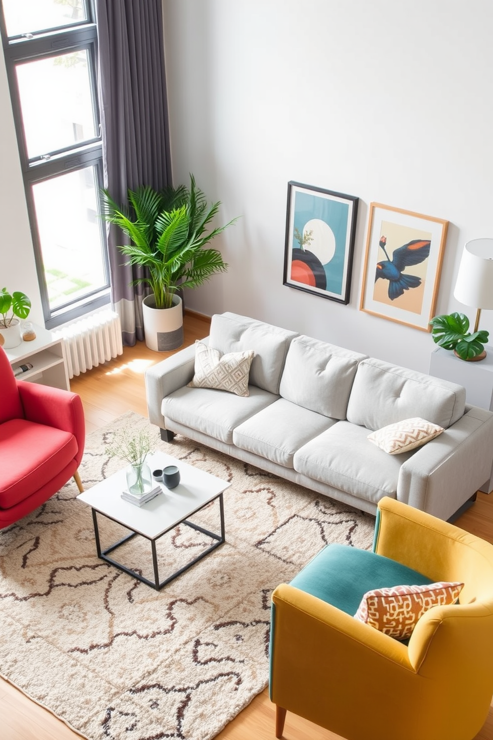 A light gray sofa is the centerpiece of a modern living room, complemented by a set of colorful accent chairs in vibrant hues. The space features a minimalist coffee table and a soft area rug, creating a cozy atmosphere that invites relaxation.