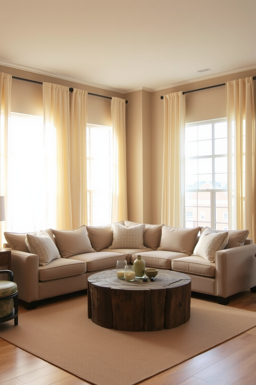 Warm cream curtains drape gracefully across the large windows, allowing soft natural light to filter through the sheer overlays. The walls are painted in a soft beige, complementing the light wood flooring and creating a cozy atmosphere for relaxation. A plush sectional sofa in a neutral tone is adorned with textured throw pillows in varying shades of cream and taupe. A round coffee table made of reclaimed wood sits at the center, surrounded by a few carefully selected decorative items that add character to the space.