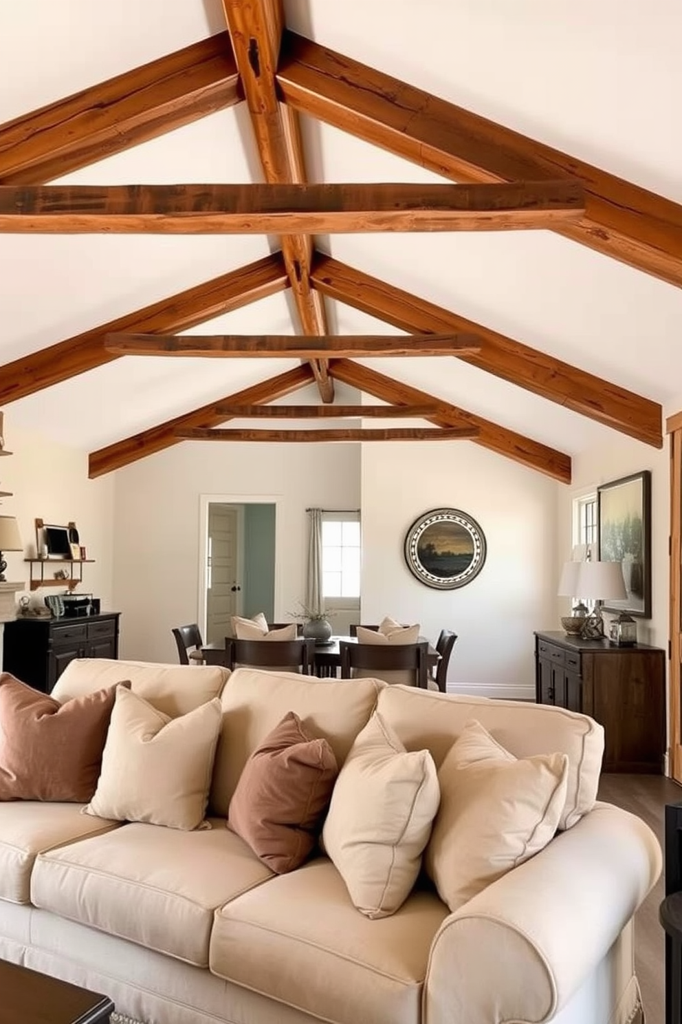 A cozy living room featuring rustic wooden beams that stretch across the ceiling, contrasting beautifully with a neutral backdrop. The space is adorned with a plush beige sofa, complemented by soft throw pillows in muted earth tones, creating an inviting atmosphere.