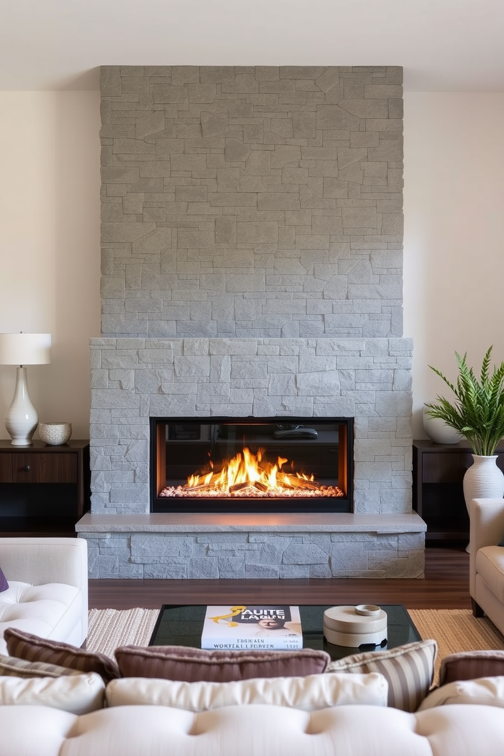 A sleek modern fireplace is the focal point of the living room, featuring a stunning stone surround that adds texture and sophistication. The space is designed with neutral tones, incorporating a plush beige sofa and minimalist decor to create a calming atmosphere.