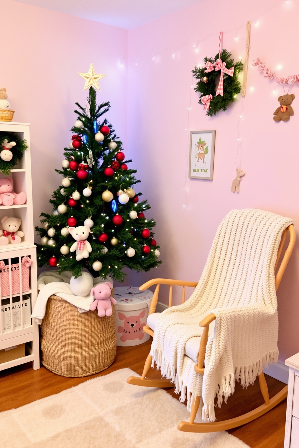 A cozy nursery setting adorned with soft pastel colors. The room features a comfortable rocking chair draped with a knitted blanket, creating a warm and inviting atmosphere. Christmas decorations bring a festive touch to the space. A beautifully decorated tree stands in one corner, surrounded by plush toys and twinkling fairy lights.