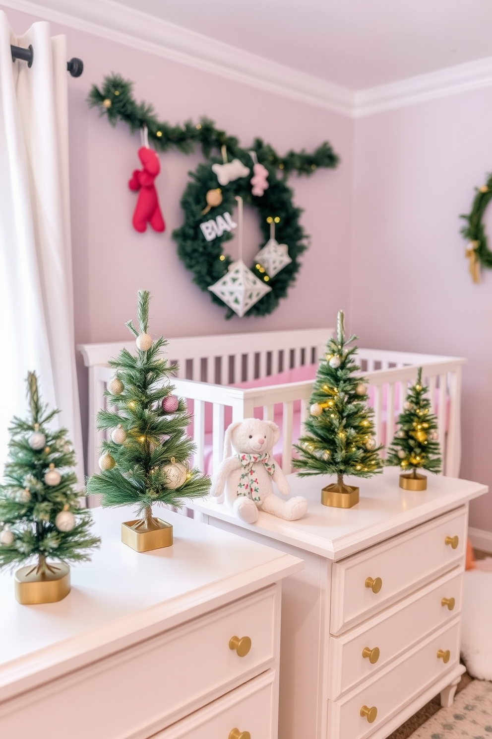 Miniature Christmas trees are elegantly arranged on dressers, adding a festive touch to the nursery. Each tree is adorned with delicate ornaments and twinkling lights, creating a warm and inviting atmosphere. The nursery is decorated with cheerful holiday colors, featuring soft pastels and playful patterns. Plush toys and festive accents complement the miniature trees, making the space feel cozy and joyful for the season.