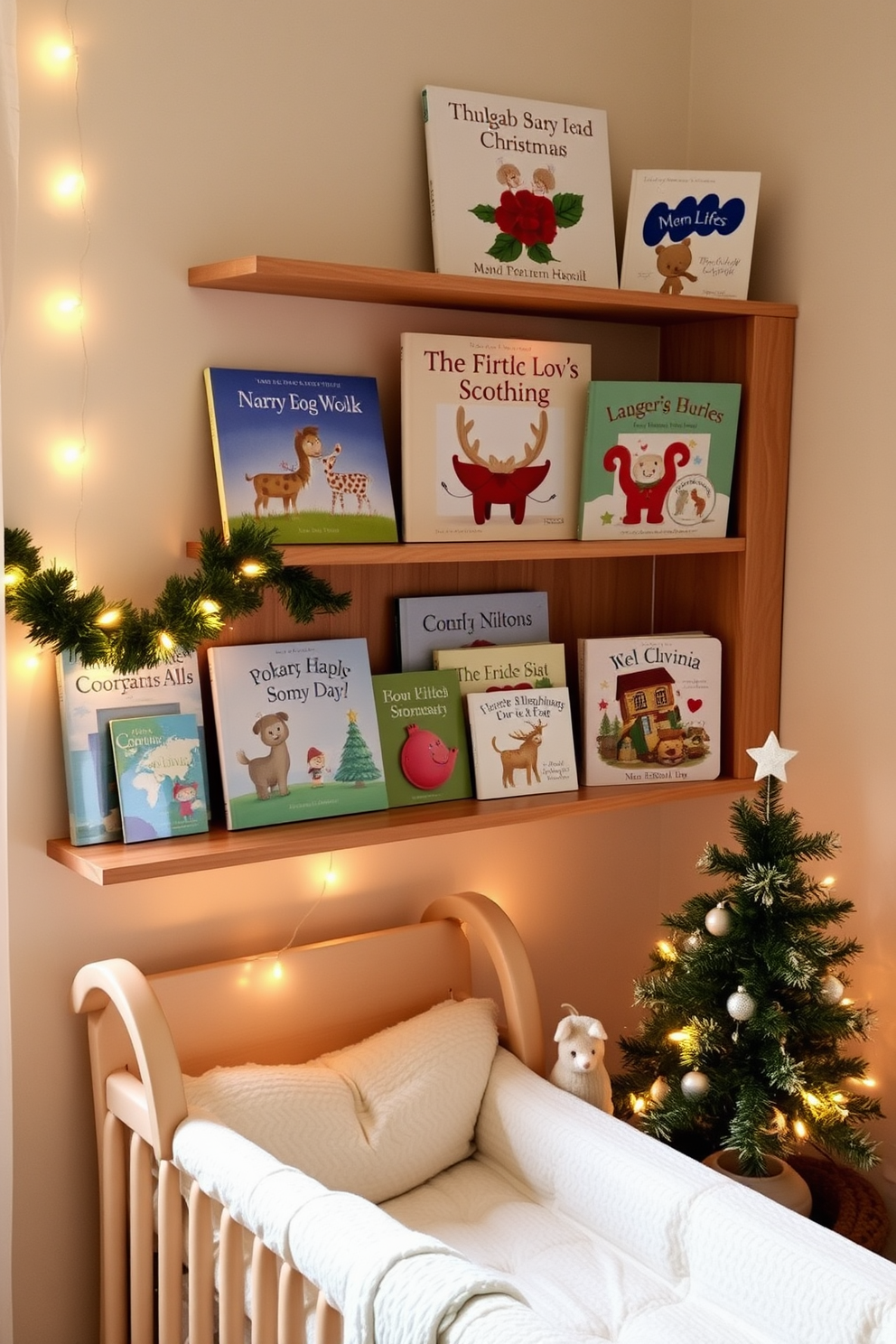 A cozy nursery corner adorned with seasonal storybooks displayed prominently on a wooden bookshelf. Soft, warm lighting creates a welcoming atmosphere, while festive Christmas decorations like twinkling fairy lights and a small tree add a touch of holiday cheer.