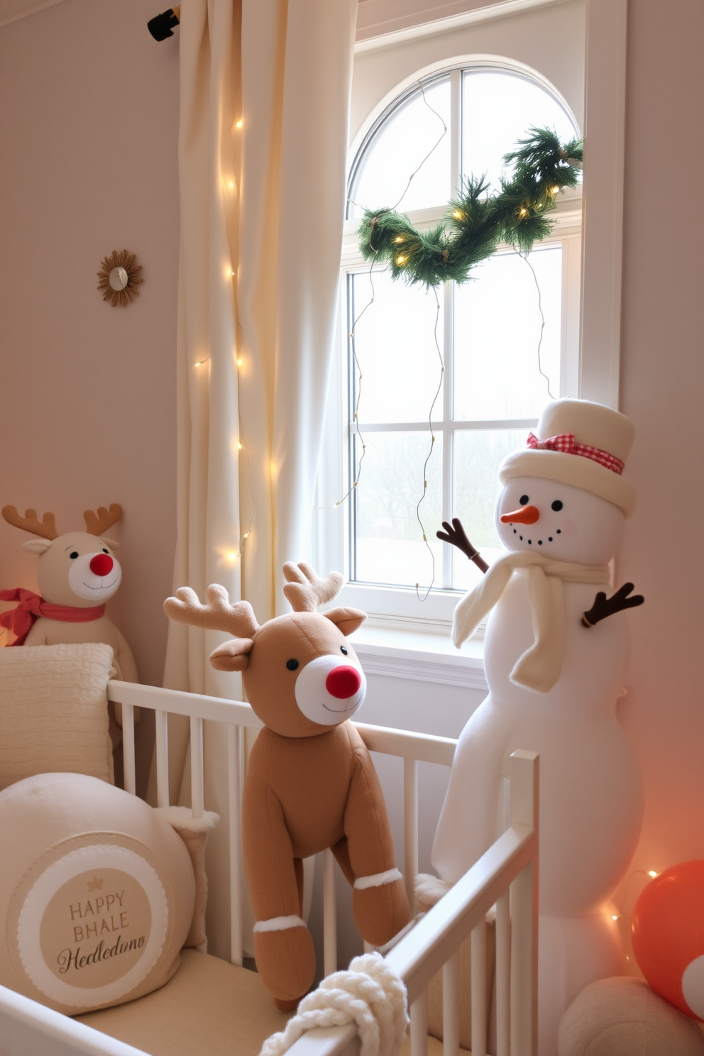 Plush reindeer and snowman decorations create a whimsical and festive atmosphere in the nursery. Soft pastel colors dominate the space, while twinkling fairy lights are draped around the window, enhancing the holiday cheer.