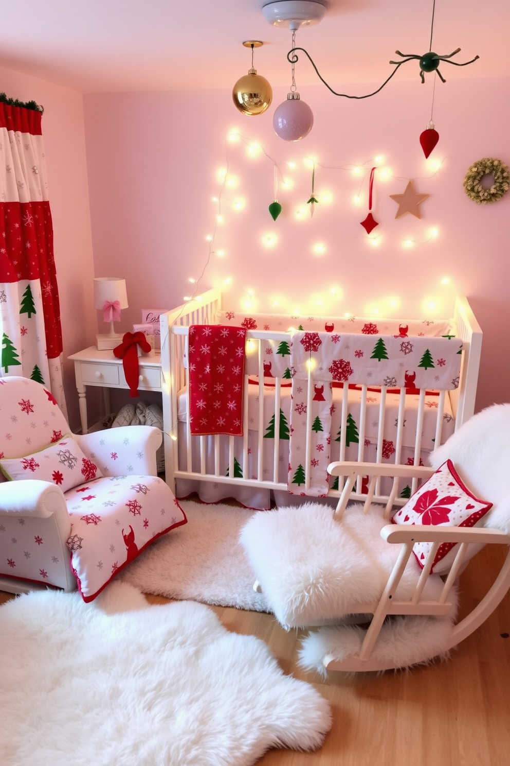 A cozy nursery adorned with holiday-themed crib sheets and bedding featuring festive patterns of snowflakes and Christmas trees. Soft pastel colors blend harmoniously with vibrant reds and greens, creating a warm and inviting atmosphere for the little one. The room is decorated with twinkling fairy lights draped around the crib and cheerful ornaments hanging from the ceiling. A plush rocking chair in the corner is surrounded by soft, fluffy rugs, making it the perfect spot for reading holiday stories.