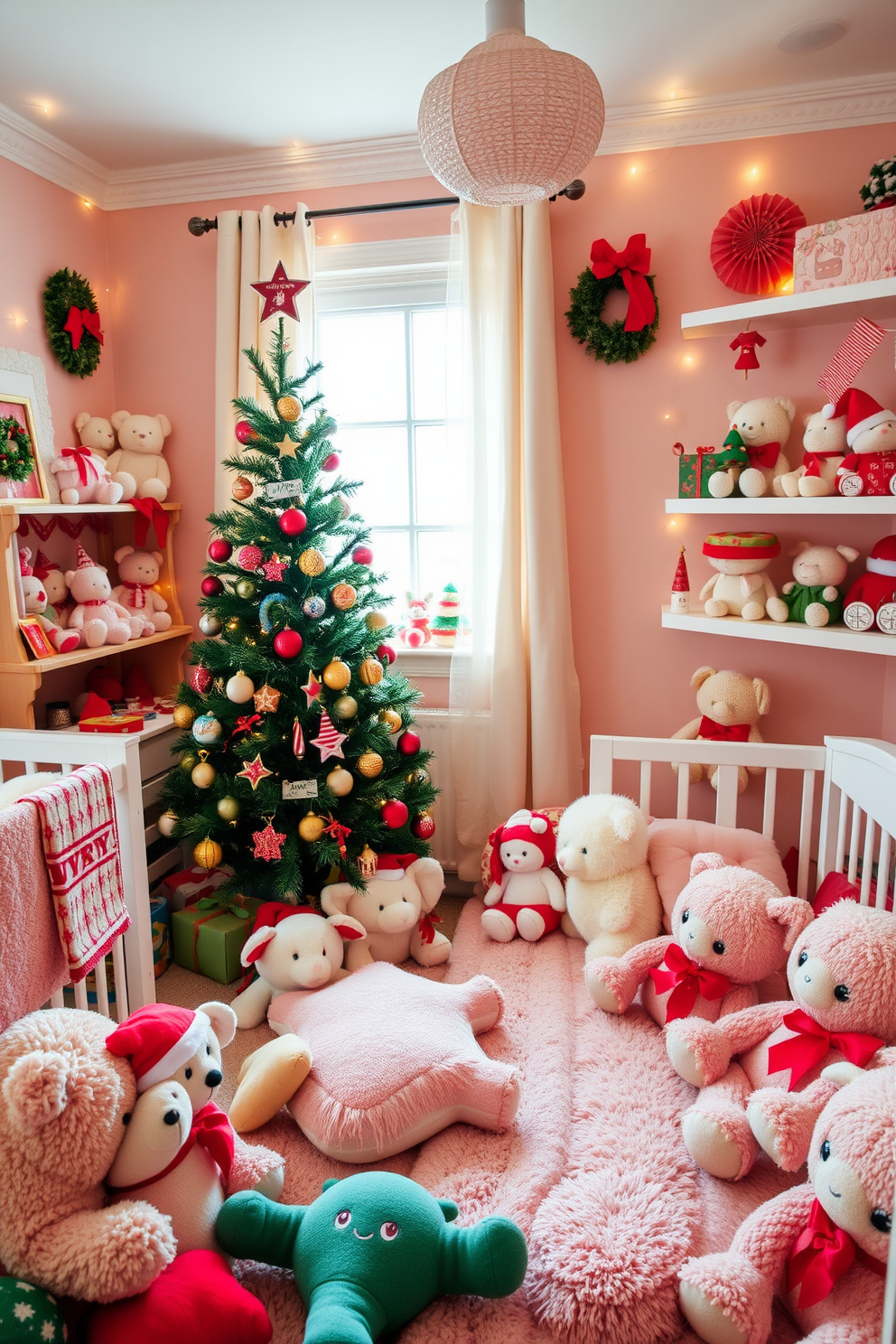 A cozy nursery filled with soft plush toys in holiday colors creates a warm and inviting atmosphere. The room features a gentle color palette of reds, greens, and whites, with festive decorations adorning the walls and shelves. A beautifully decorated Christmas tree stands in one corner, surrounded by an array of plush toys and holiday-themed ornaments. The soft glow of fairy lights adds a magical touch, making it a perfect space for holiday memories.