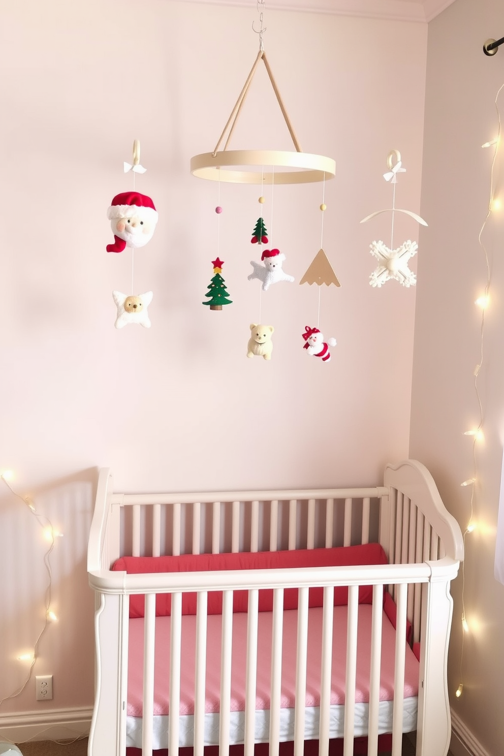 A cozy nursery adorned with Christmas-themed mobiles hanging gently above a beautifully crafted crib. The walls are painted in soft pastel colors, and twinkling fairy lights are draped along the edges of the room for a warm festive glow.