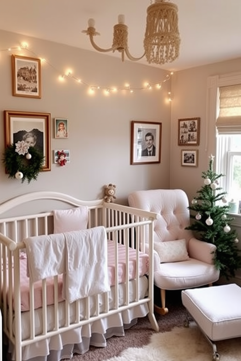 A charming nursery adorned with vintage holiday postcards framed on the walls. The room features a cozy crib with soft pastel bedding and a plush rocking chair in the corner, creating a warm and inviting atmosphere. Christmas decorations are tastefully arranged throughout the space, including a small tree adorned with handmade ornaments. Twinkling fairy lights drape gently across the windows, adding a magical touch to the nursery.