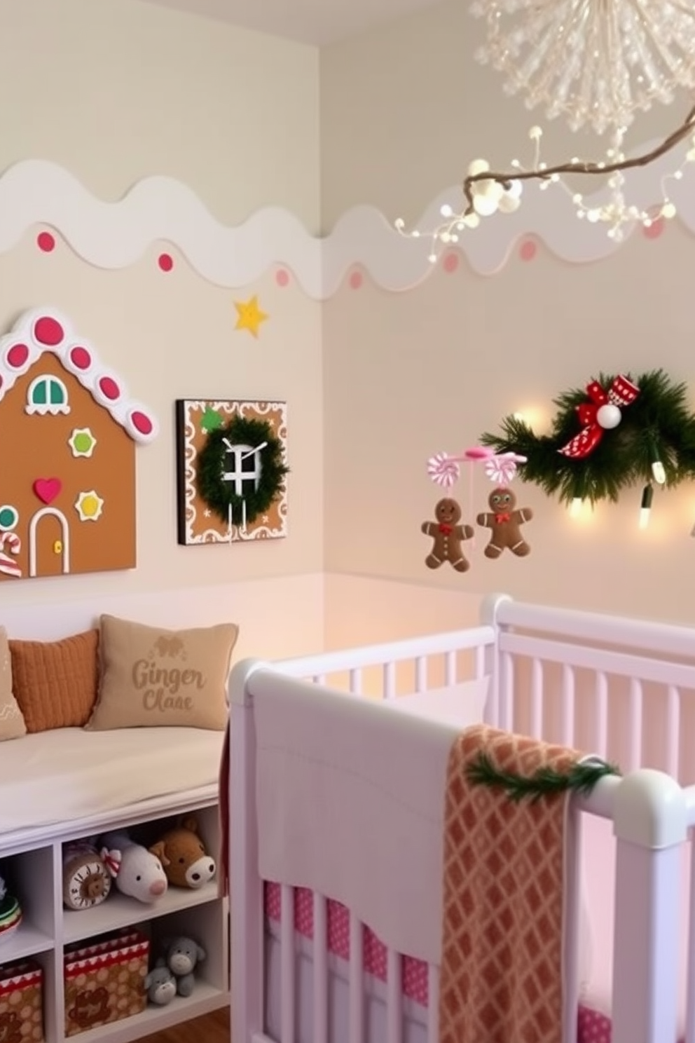 A cozy nursery adorned with cute holiday themed mobiles hanging from the ceiling. Soft pastel colors dominate the walls, while a plush rocking chair sits in the corner, inviting parents to relax. The mobiles feature whimsical designs of snowflakes, reindeer, and Christmas trees, gently swaying with the slightest breeze. A warm, knitted blanket is draped over the rocking chair, adding to the festive atmosphere.