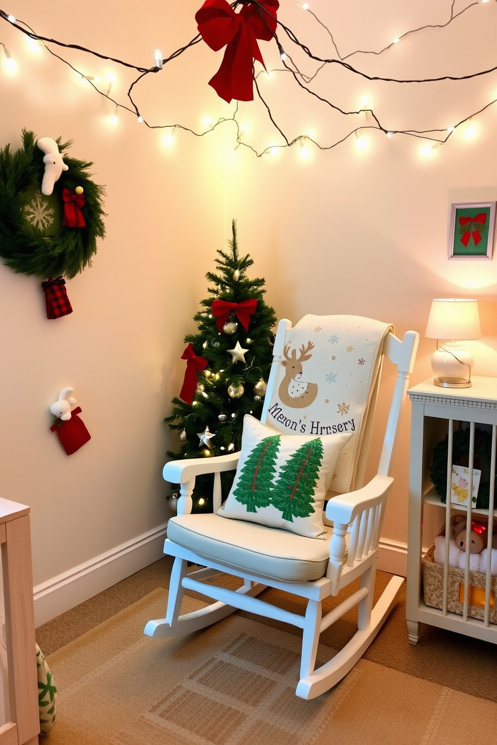 A cozy nursery decorated for Christmas features a charming rocking chair adorned with holiday-themed throw pillows. The walls are painted in soft pastels, and twinkling fairy lights hang above, creating a warm and inviting atmosphere.