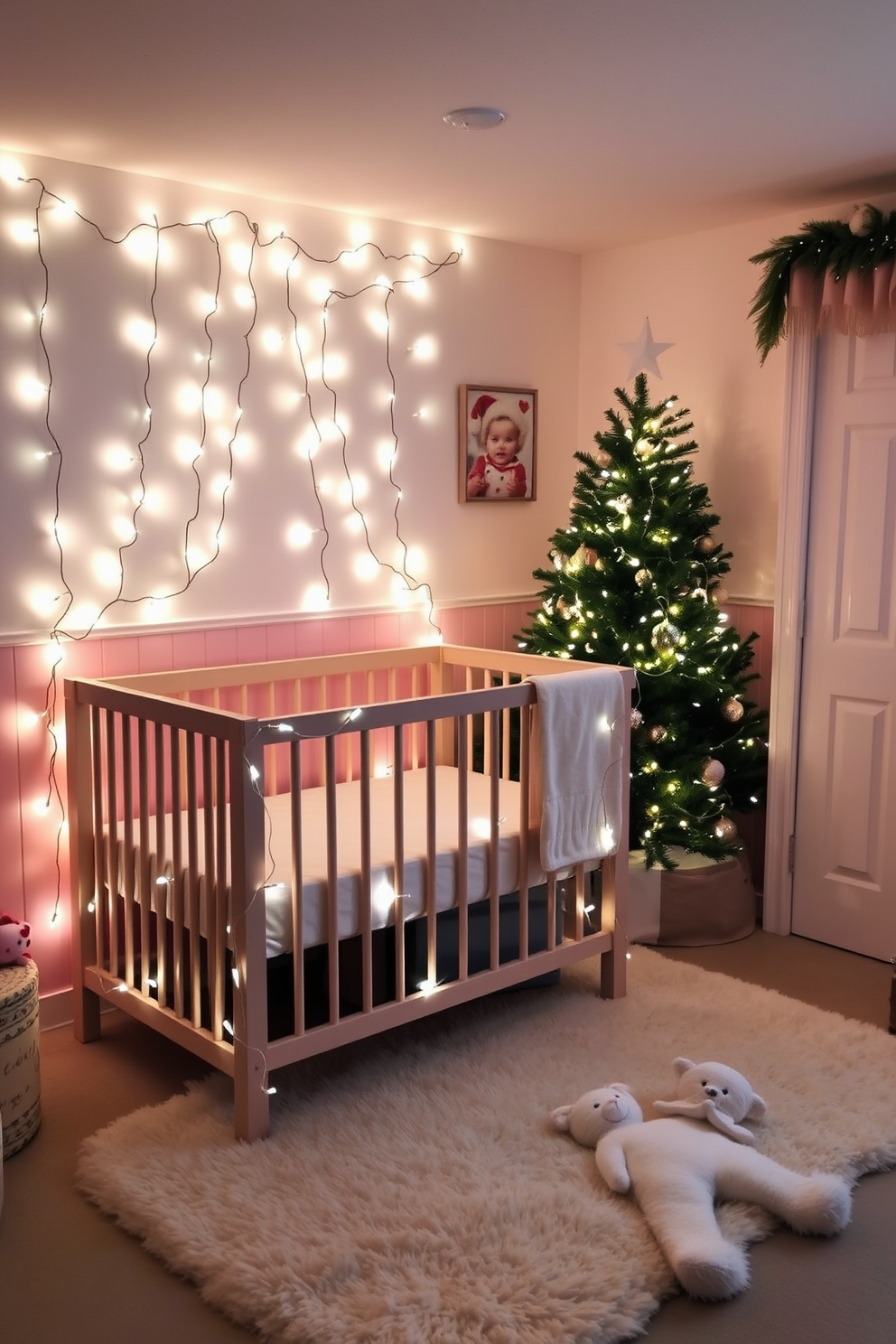 A cozy nursery filled with whimsical fairy lights draped around the crib creating a magical atmosphere. Soft pastel colors adorn the walls, and a plush rug lies beneath the crib, inviting comfort and warmth. The room features a beautifully decorated Christmas tree in the corner, adorned with delicate ornaments and twinkling lights. A gentle glow illuminates the space, enhancing the festive spirit and making it a perfect retreat for both baby and parents.