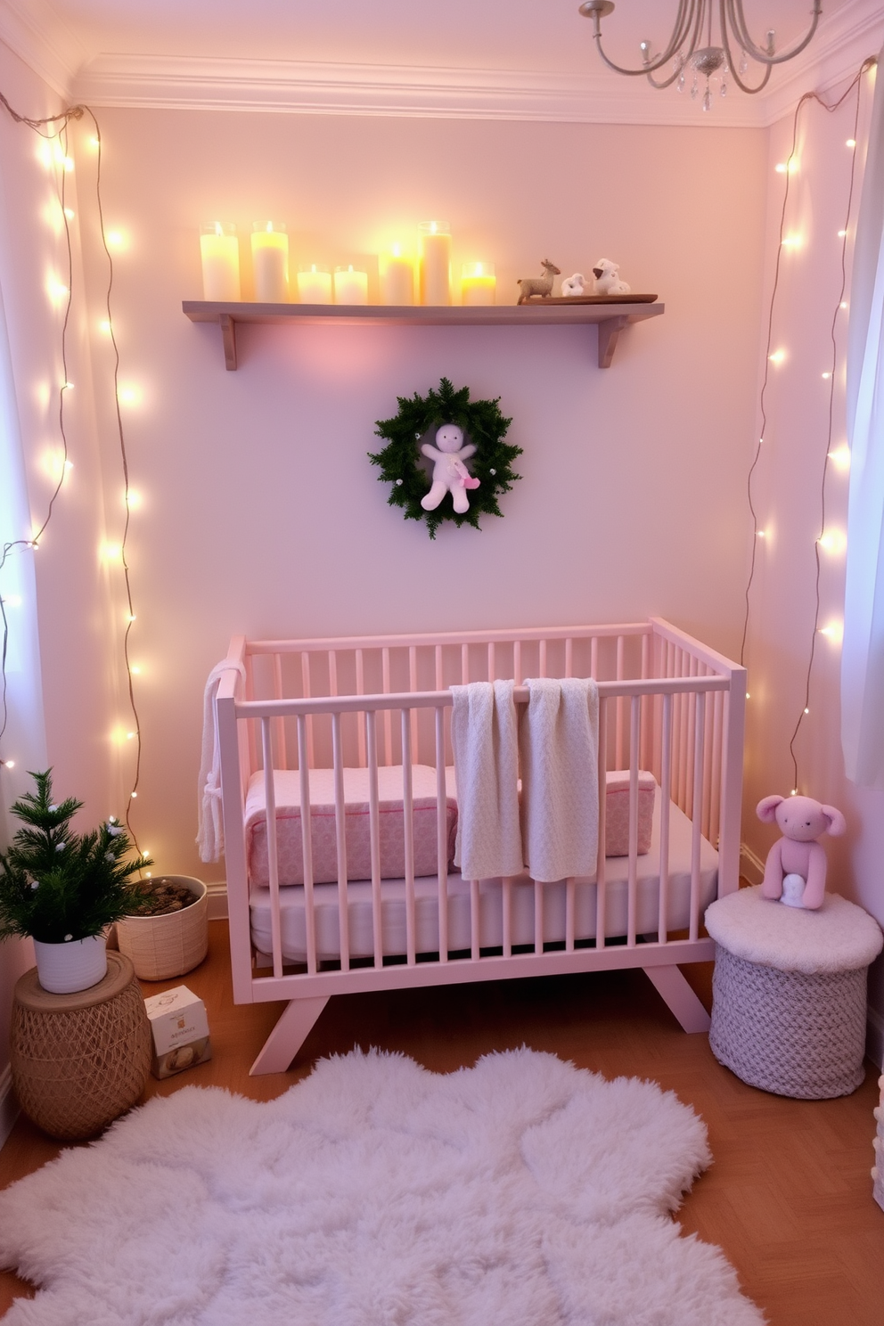 A cozy nursery adorned for Christmas features a soft color palette with pastel hues. Scented candles are artfully arranged on a high shelf, adding warmth and a festive aroma to the space. The room is decorated with twinkling fairy lights draped along the walls, creating a magical atmosphere. A plush area rug lies on the floor, providing a safe and inviting play area for little ones.