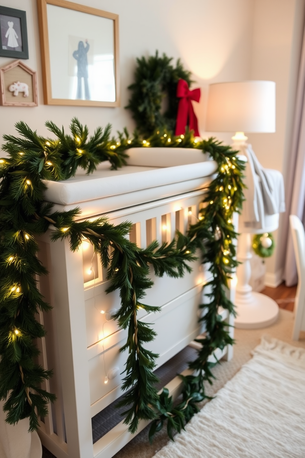 A cozy nursery setting adorned with greenery garlands draped elegantly along the changing table. Soft twinkling lights are interwoven with the garlands, creating a warm and festive atmosphere for the holiday season.