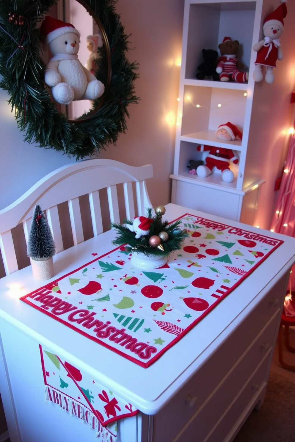 A seasonal table runner adorns the nursery dresser, featuring playful patterns and festive colors that bring warmth to the space. Surrounding the runner are carefully arranged holiday decorations, including small ornaments and a charming centerpiece that captures the spirit of Christmas. For nursery Christmas decorating ideas, soft twinkling lights are draped gently around the room, creating a cozy and inviting atmosphere. Plush toys dressed in holiday attire are placed strategically on shelves, adding a whimsical touch to the festive decor.