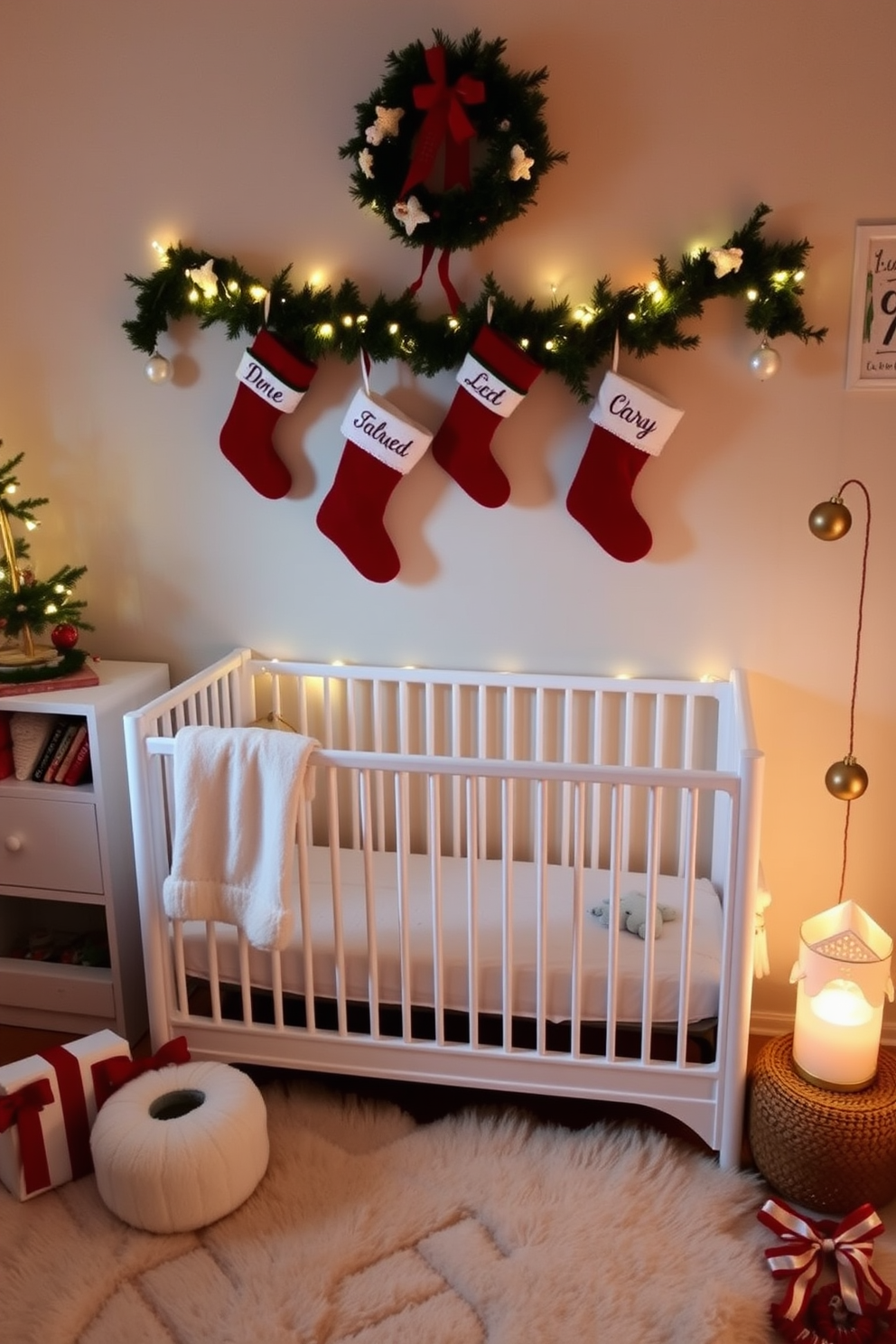 Create a cozy nursery decorated for Christmas. Personalized stockings are hung on the wall above a soft, plush rug, with twinkling fairy lights and festive ornaments enhancing the warm atmosphere.