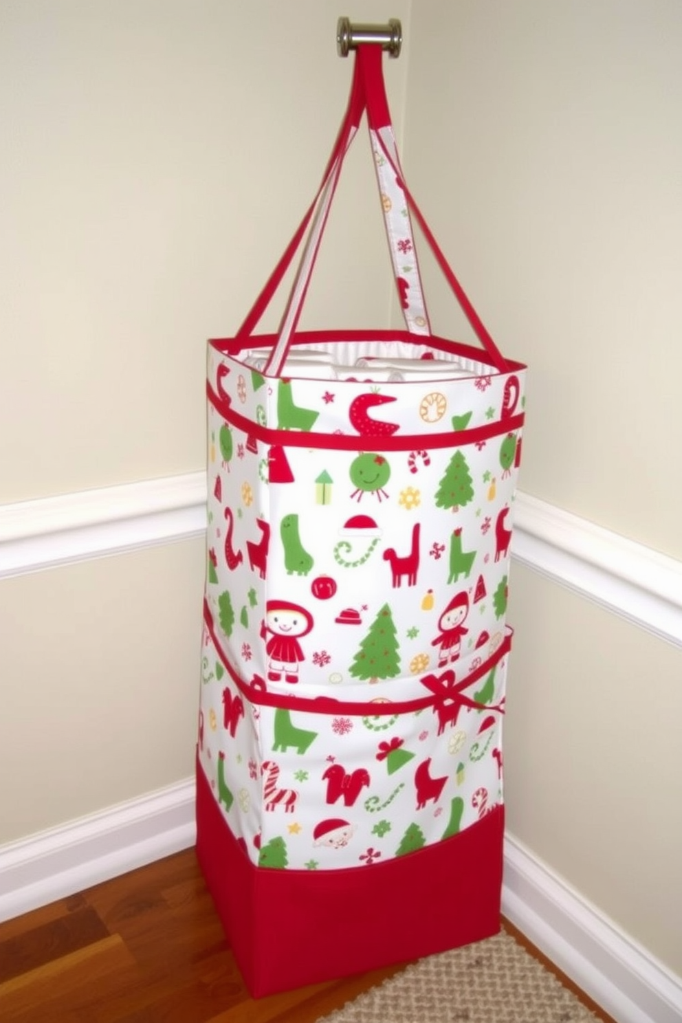 A charming holiday-themed diaper stacker designed for a nursery. The stacker features a festive pattern with playful Christmas motifs in red and green, adding a cheerful touch to the room.