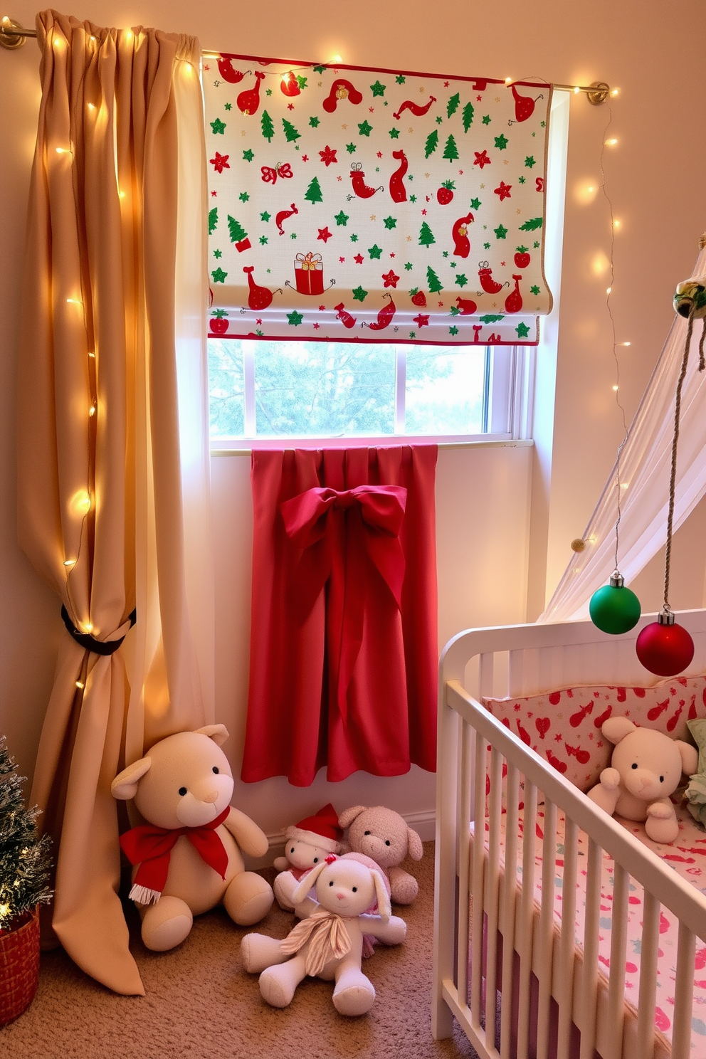 Festive window treatments adorned with cheerful holiday patterns create a warm and inviting atmosphere. Soft, flowing fabrics in shades of red and green drape elegantly, complemented by twinkling fairy lights. Nursery Christmas decorating ideas feature whimsical elements that spark joy and imagination. Plush toys and colorful ornaments are thoughtfully arranged, creating a magical space for little ones to enjoy the holiday spirit.