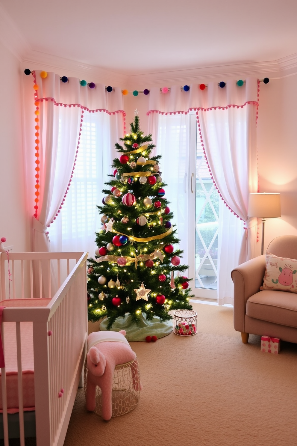 A cheerful nursery filled with festive decorations. Colorful banners strung across the walls create a joyful atmosphere, adorned with playful holiday motifs. A cozy corner features a small tree decorated with soft lights and ornaments. Plush toys and festive cushions add warmth and comfort to the space, inviting a sense of wonder.