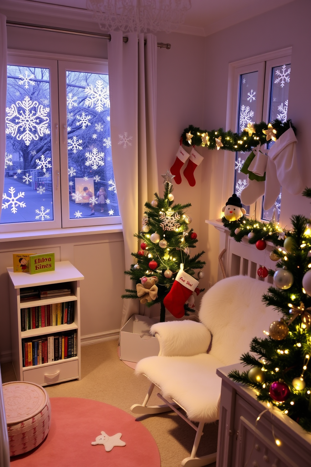 A cozy nursery adorned with snowflake decals on the windows creating a whimsical winter wonderland. Soft pastel colors dominate the room, with a plush rocking chair nestled in the corner beside a small bookshelf filled with children's stories. Festive Christmas decorations bring warmth to the nursery, featuring a small tree adorned with colorful ornaments and twinkling lights. Stockings hang from a decorative mantle, and a gentle glow from fairy lights adds a magical touch to the space.