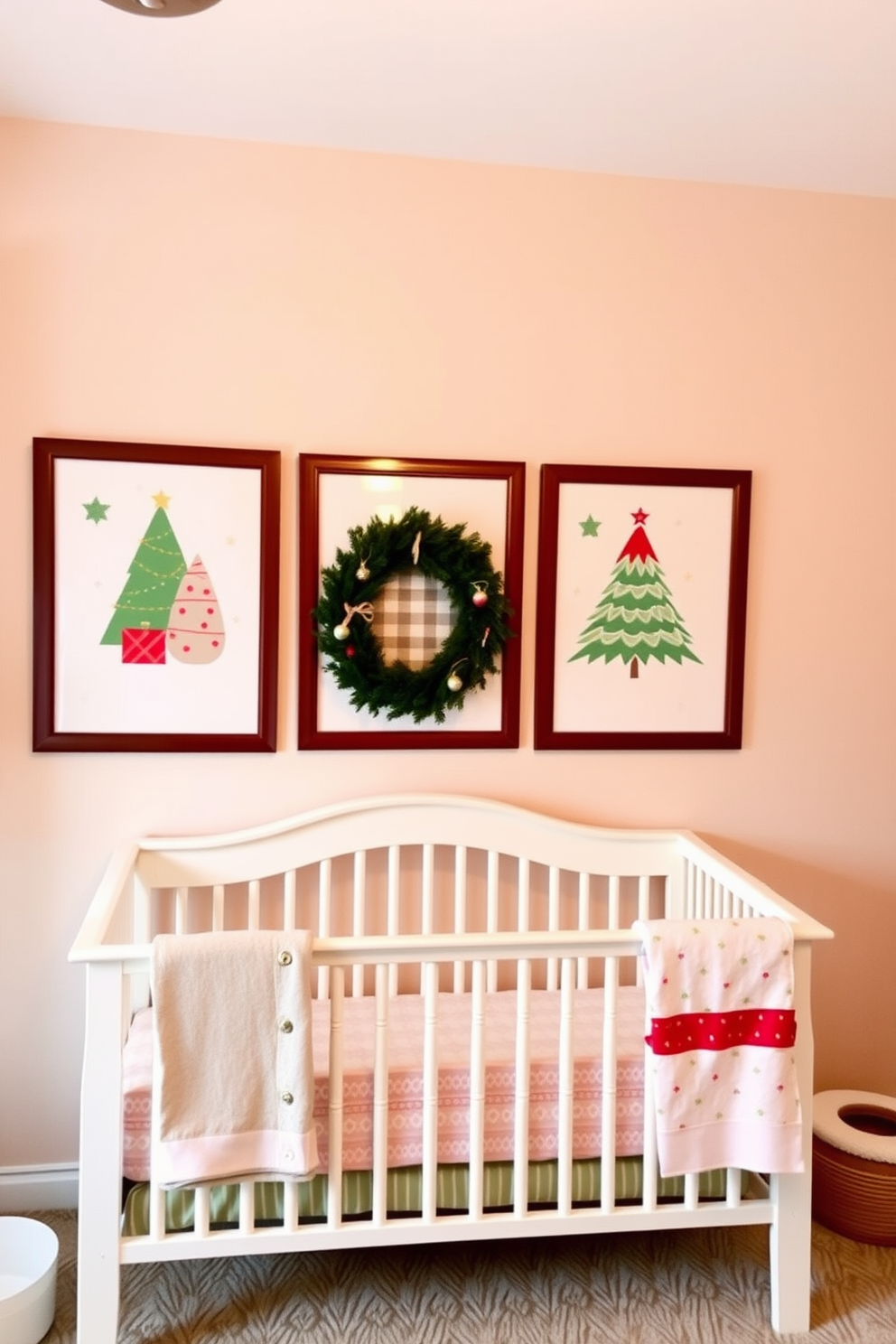 A cozy nursery adorned with Christmas-themed art prints above the crib. The walls are painted in soft pastel colors, creating a warm and inviting atmosphere for the holiday season.