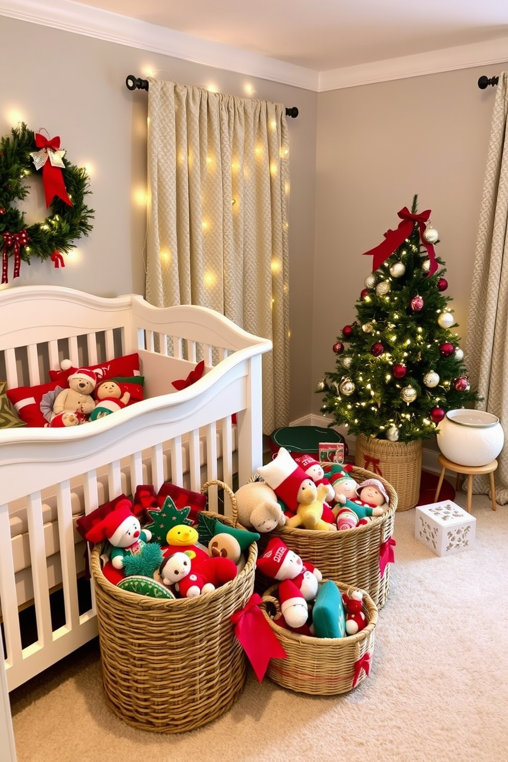 A cozy nursery decorated for Christmas features decorative baskets filled with colorful holiday toys. The room is adorned with twinkling fairy lights and a small Christmas tree in the corner, creating a warm and festive atmosphere.